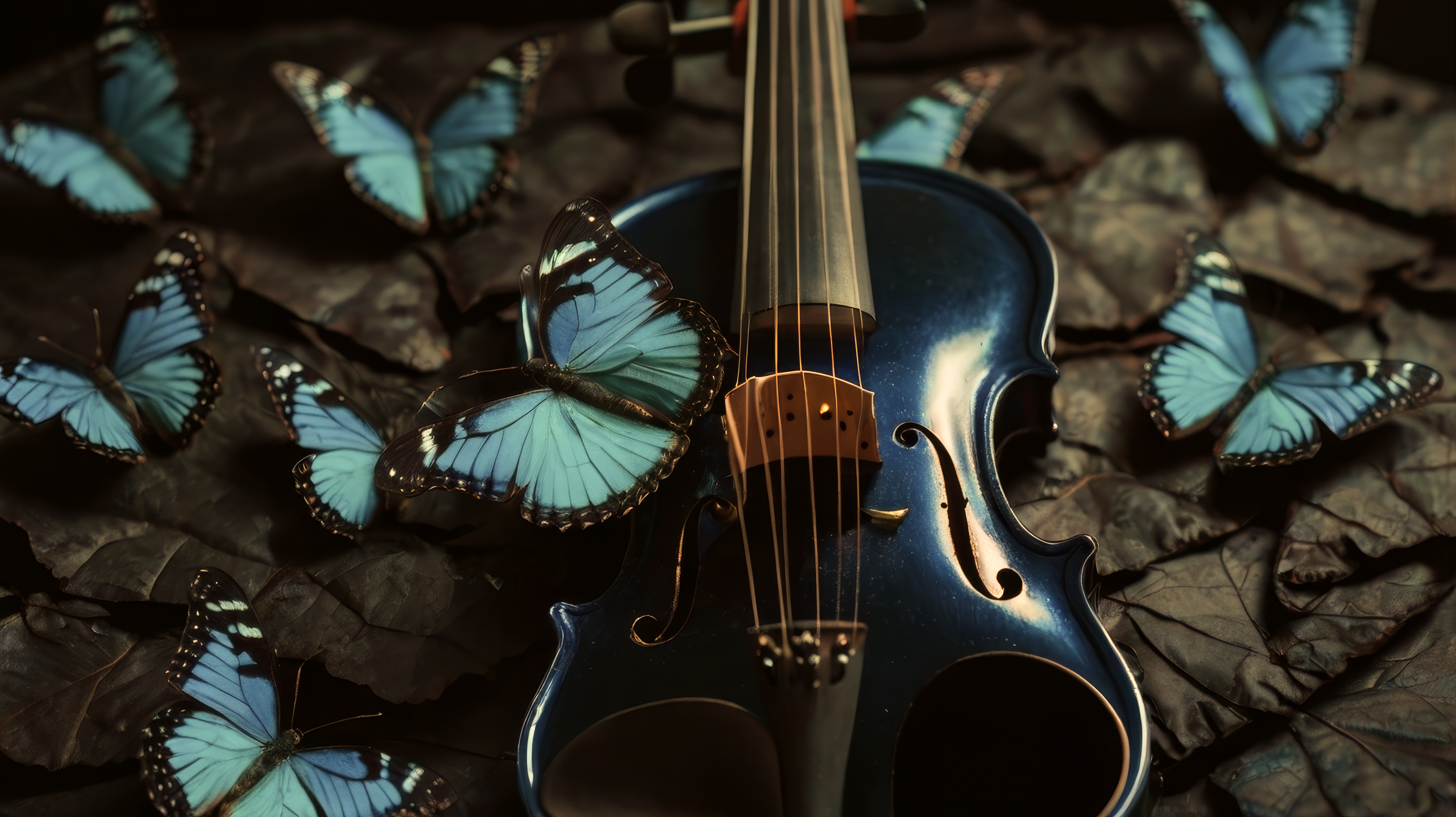 Бесплатное фото Скрипка и несколько бабочек, которые летают вокруг