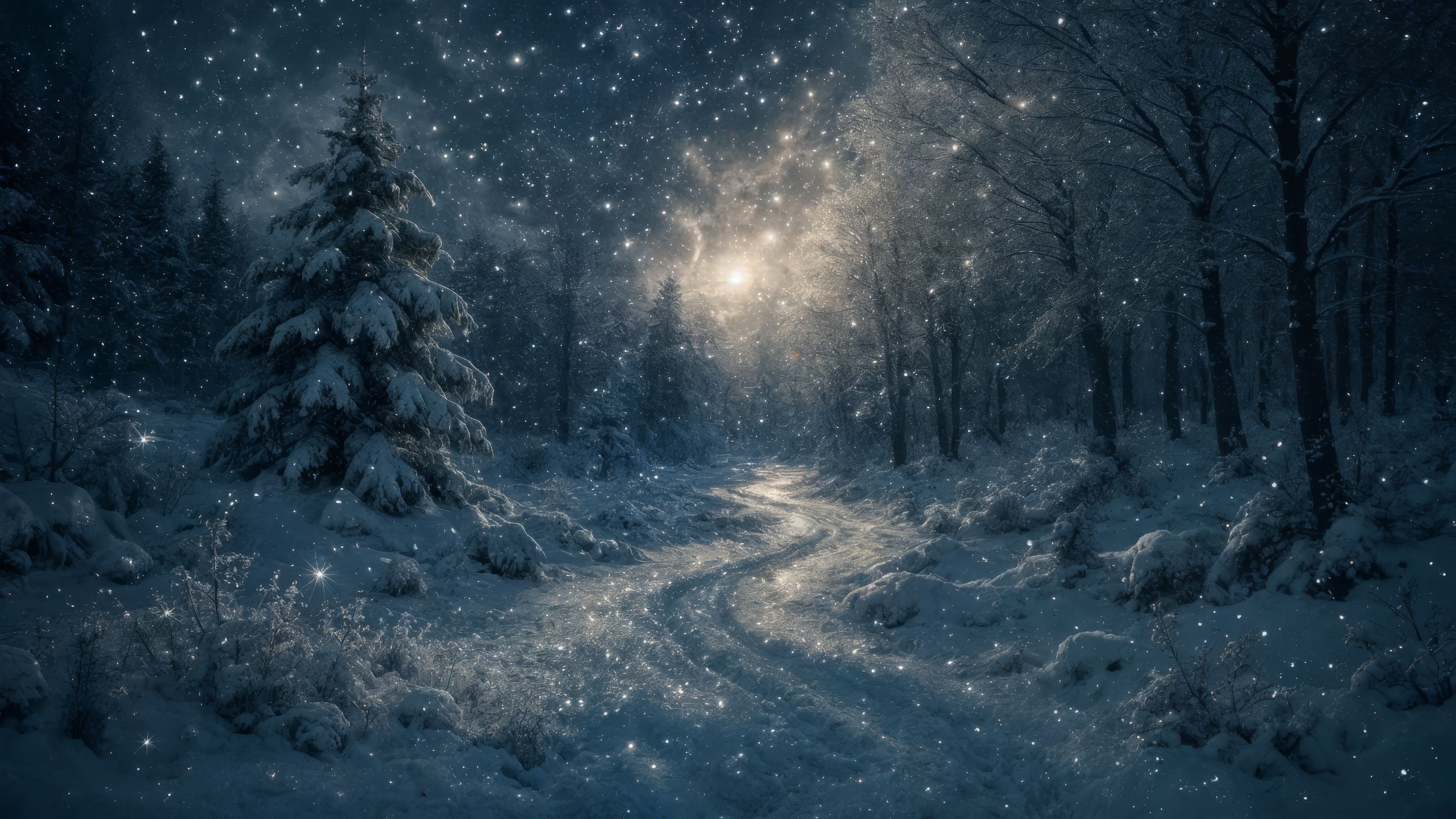 Тропинка через заснеженный лес с деревьями, покрытыми снегом