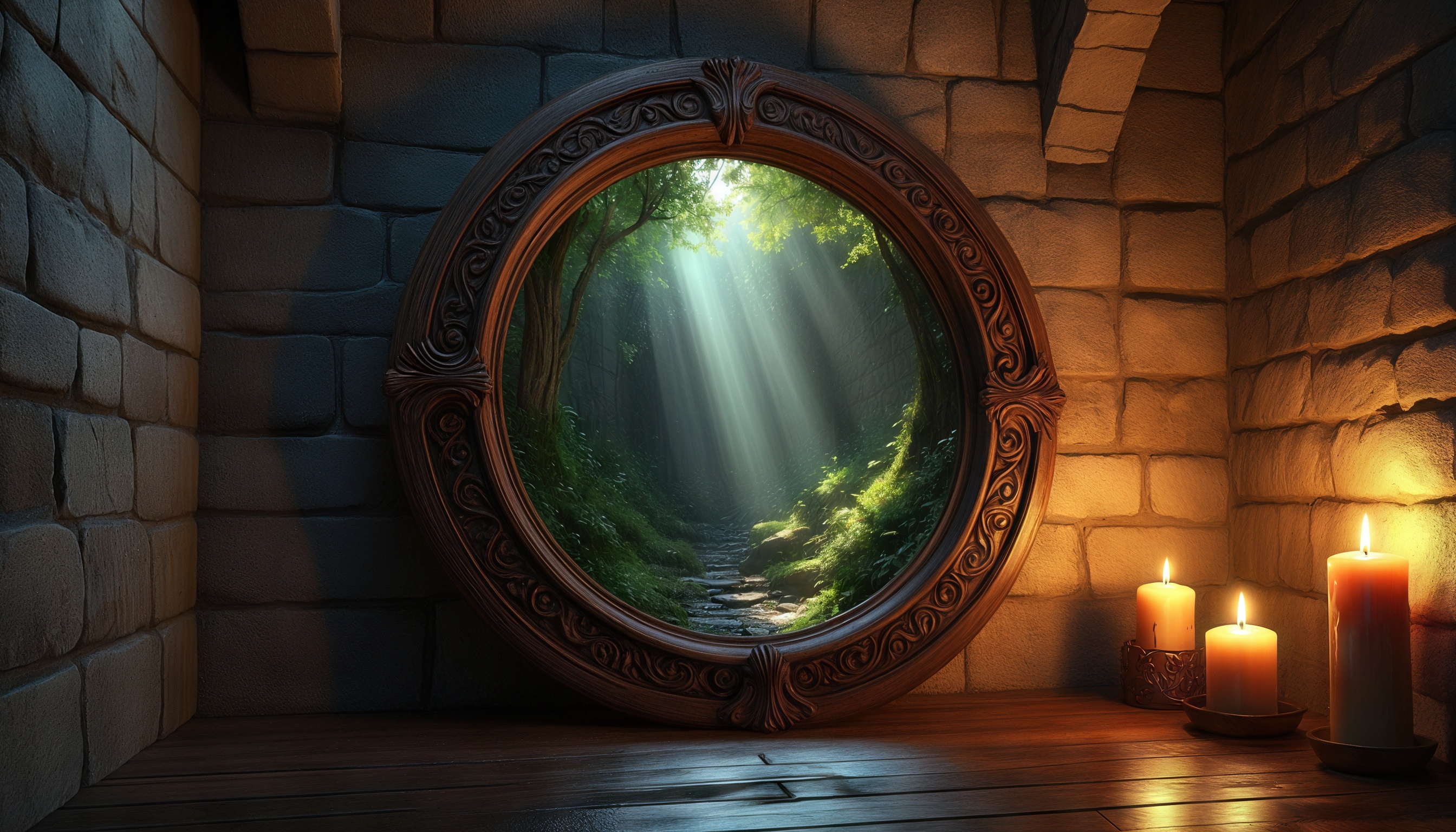 Портал с волшебным лесом, окруженное свечами, создает атмосферу таинственности и перехода между мирами.