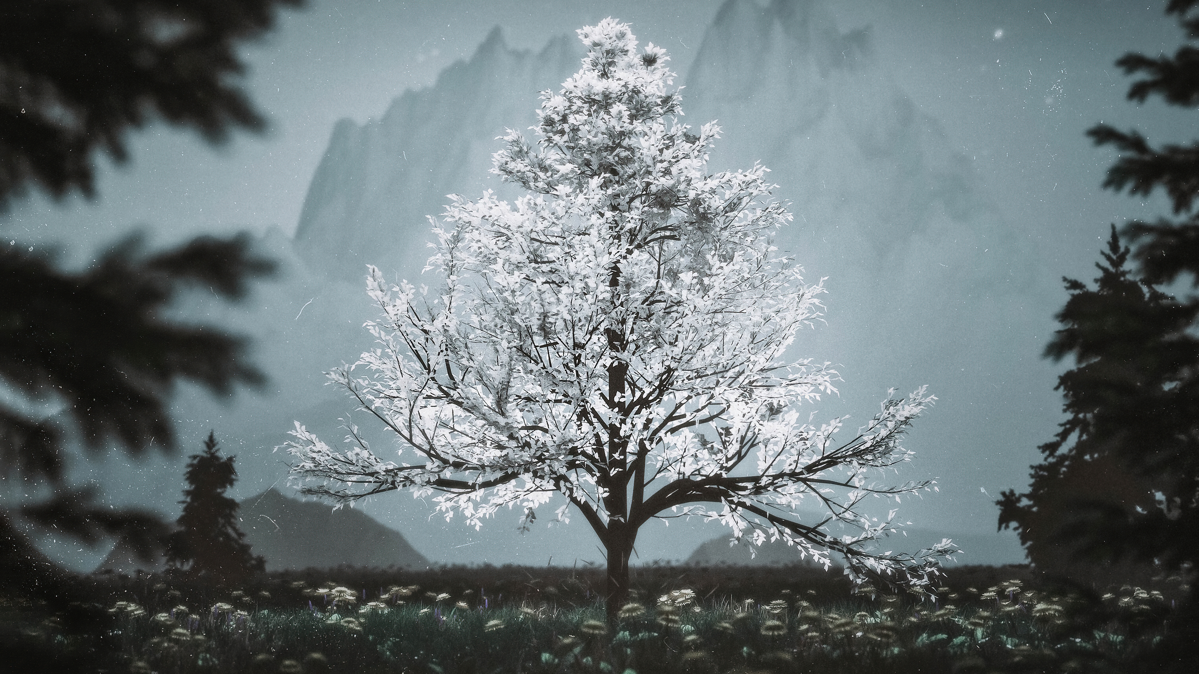 Rendering of a flowering tree with white flowers on it