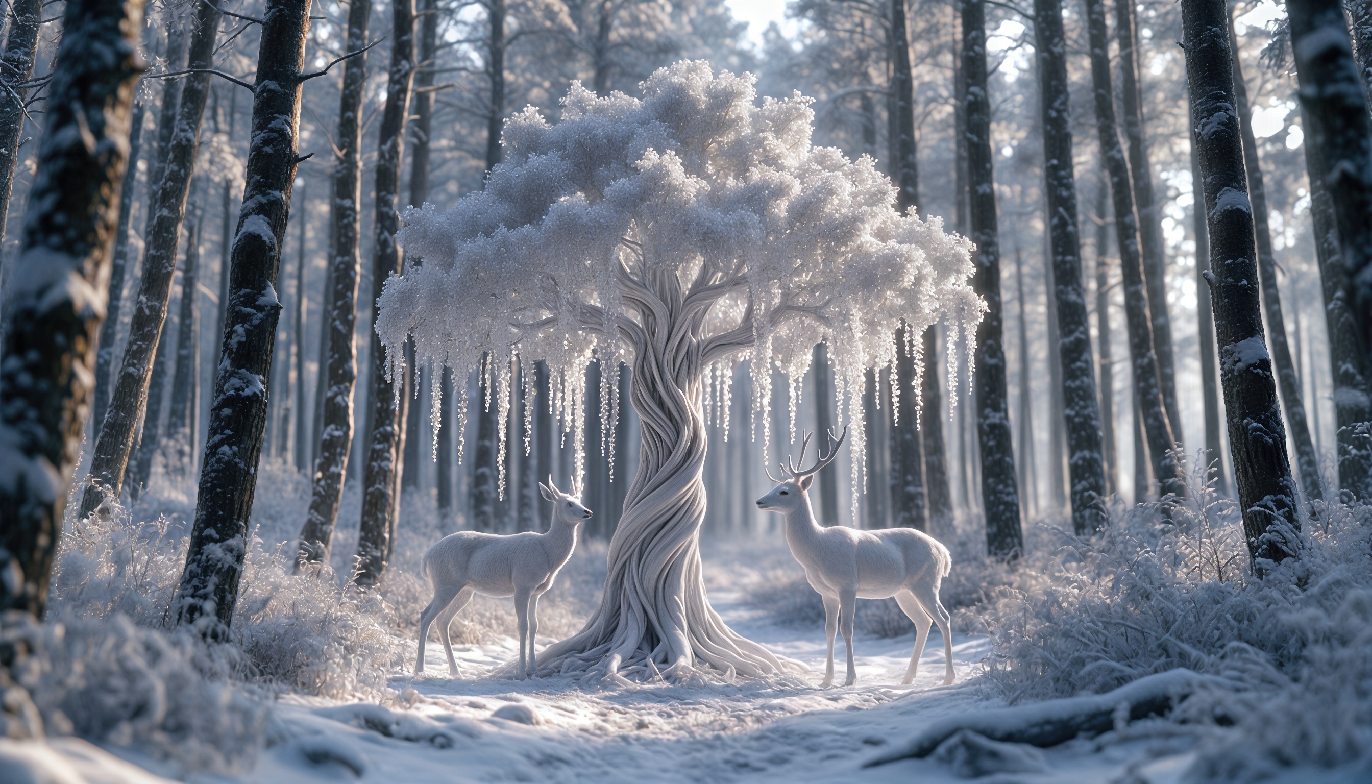 Два белых оленя у волшебного ледяного дерева в заснеженном лесу, залитом мягким солнечным светом.