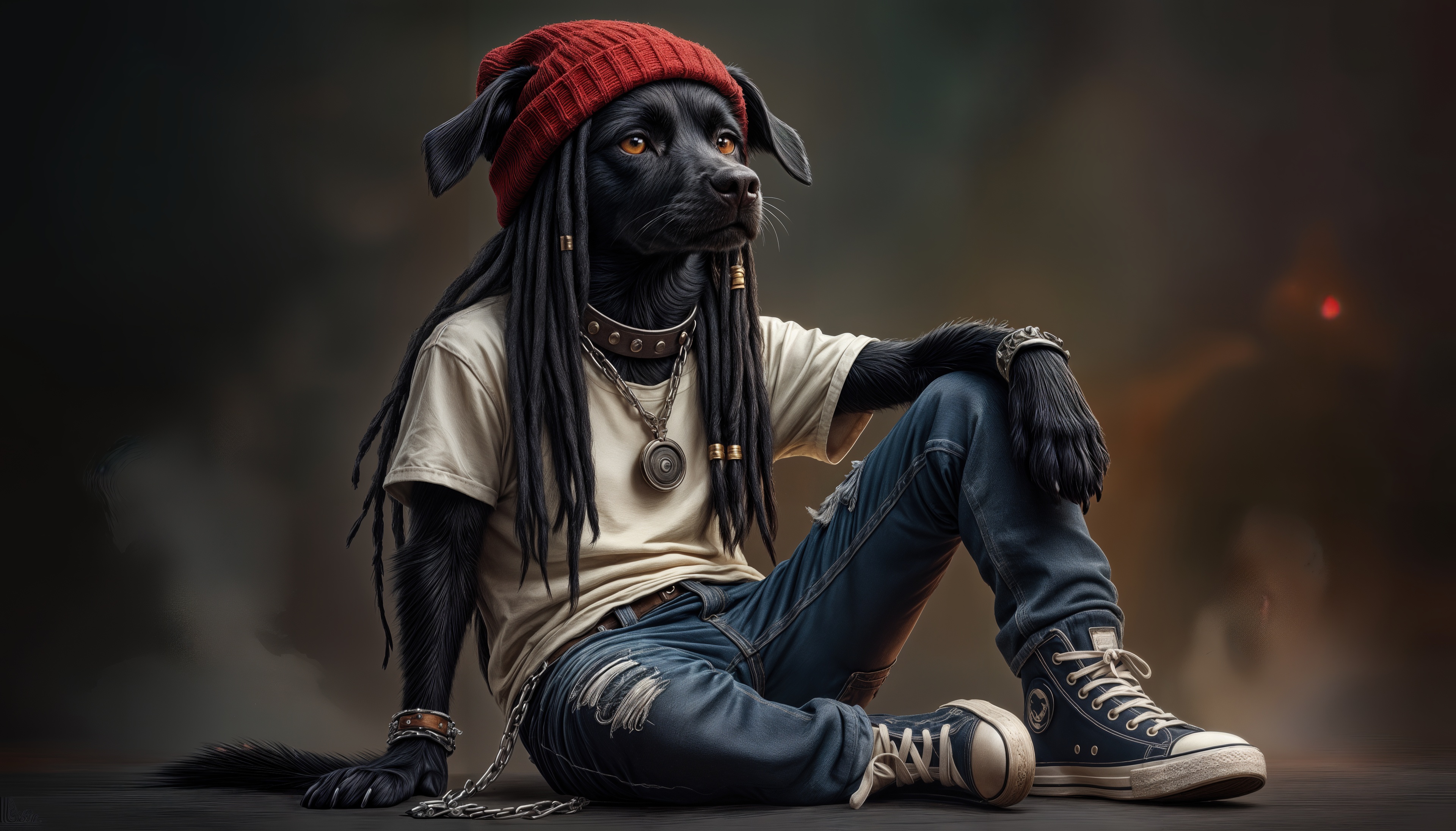 免费照片一只戴着辫子和红帽子的狗坐在城市风格中放松。