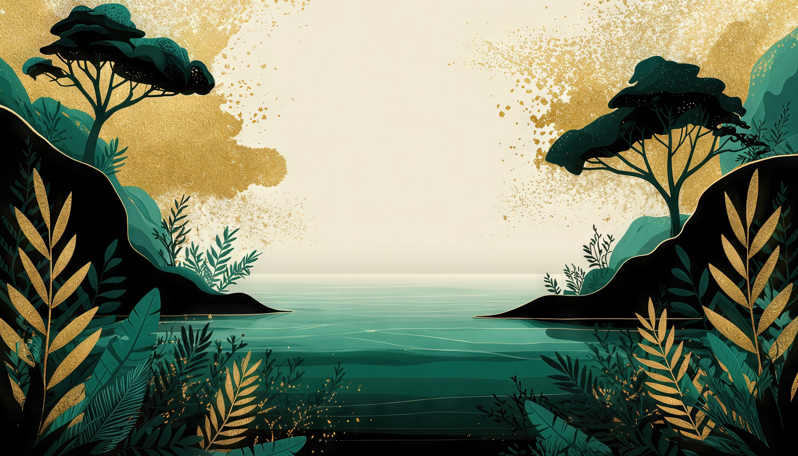 Бирюзовая вода между зелёными скалами в художественной интерпретации.