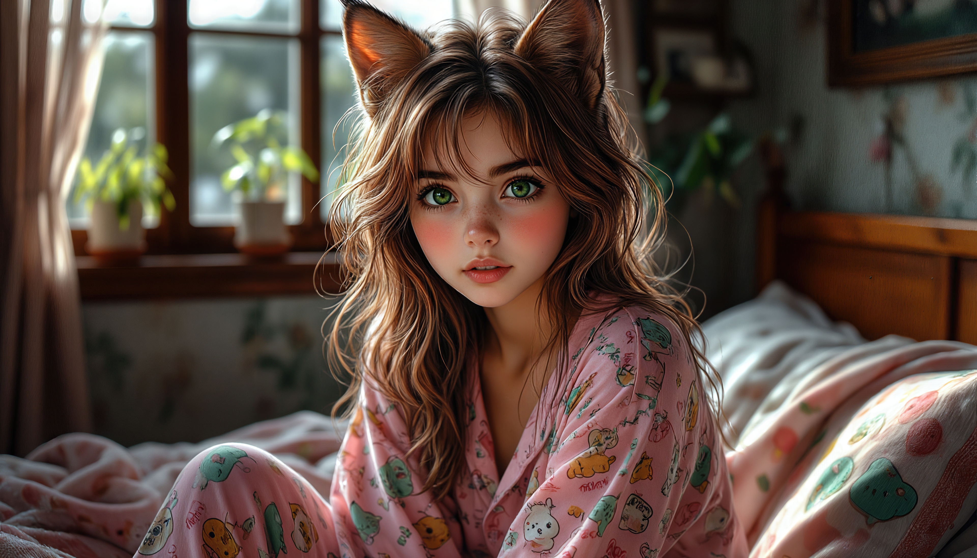 Милая девушка с кошачьими ушками в пижаме с мультяшным принтом.