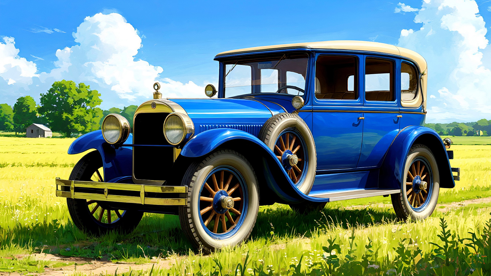 Бесплатное фото Синий автомобиль начала 20 века стоит в поле эпизод второй