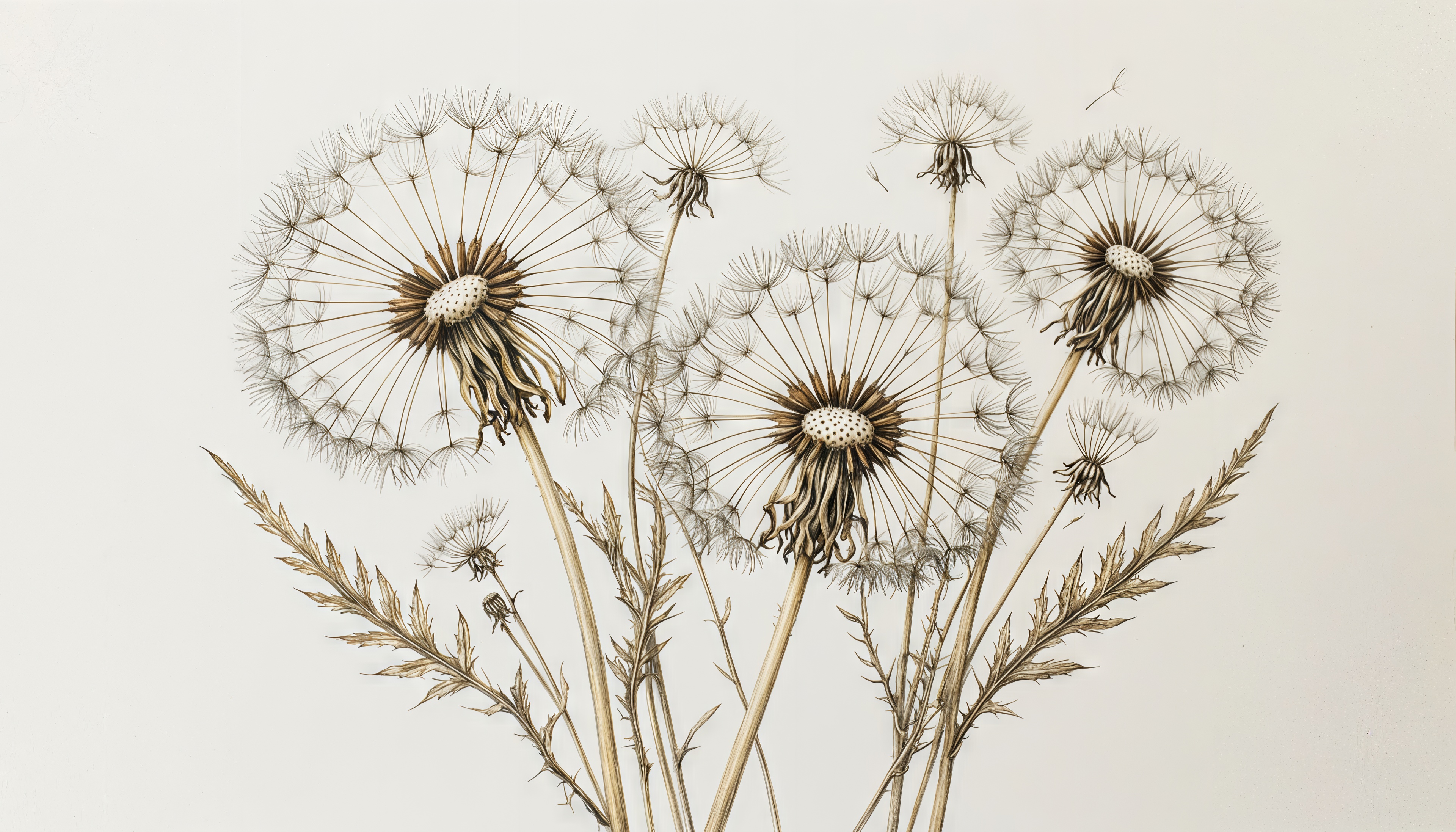 Бесплатное фото Пушистые одуванчики застыли в немом танце, шепчут ветру тайны ушедшего лета на белом холсте.