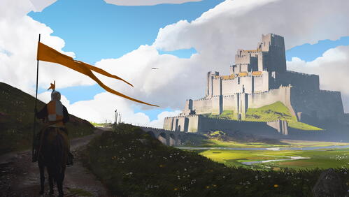 Бесплатное фото Рисунок рыцарь возвращающийся в замок