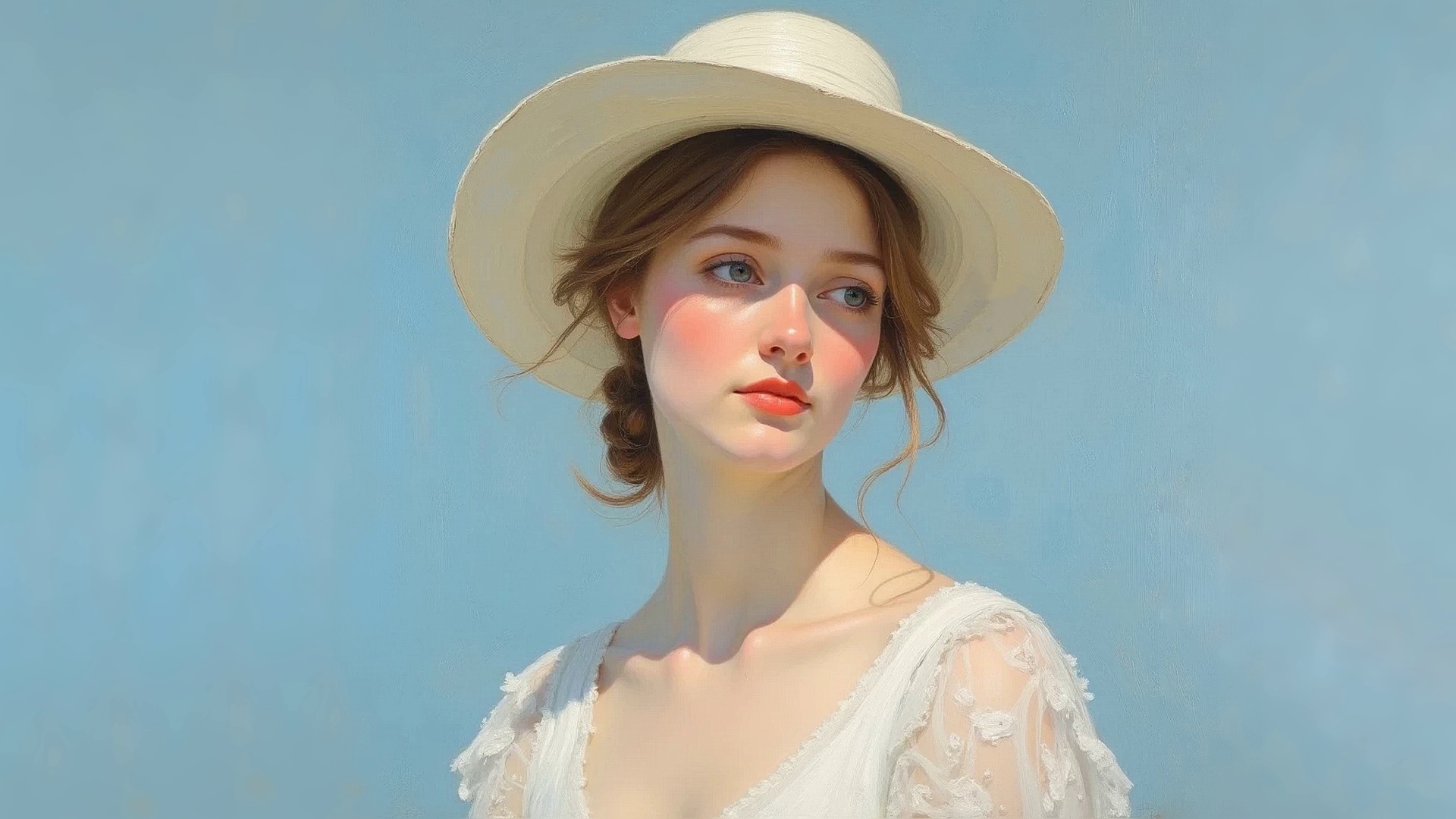 Бесплатное фото Портрет девушки в белом платье и шляпе на голубом фоне