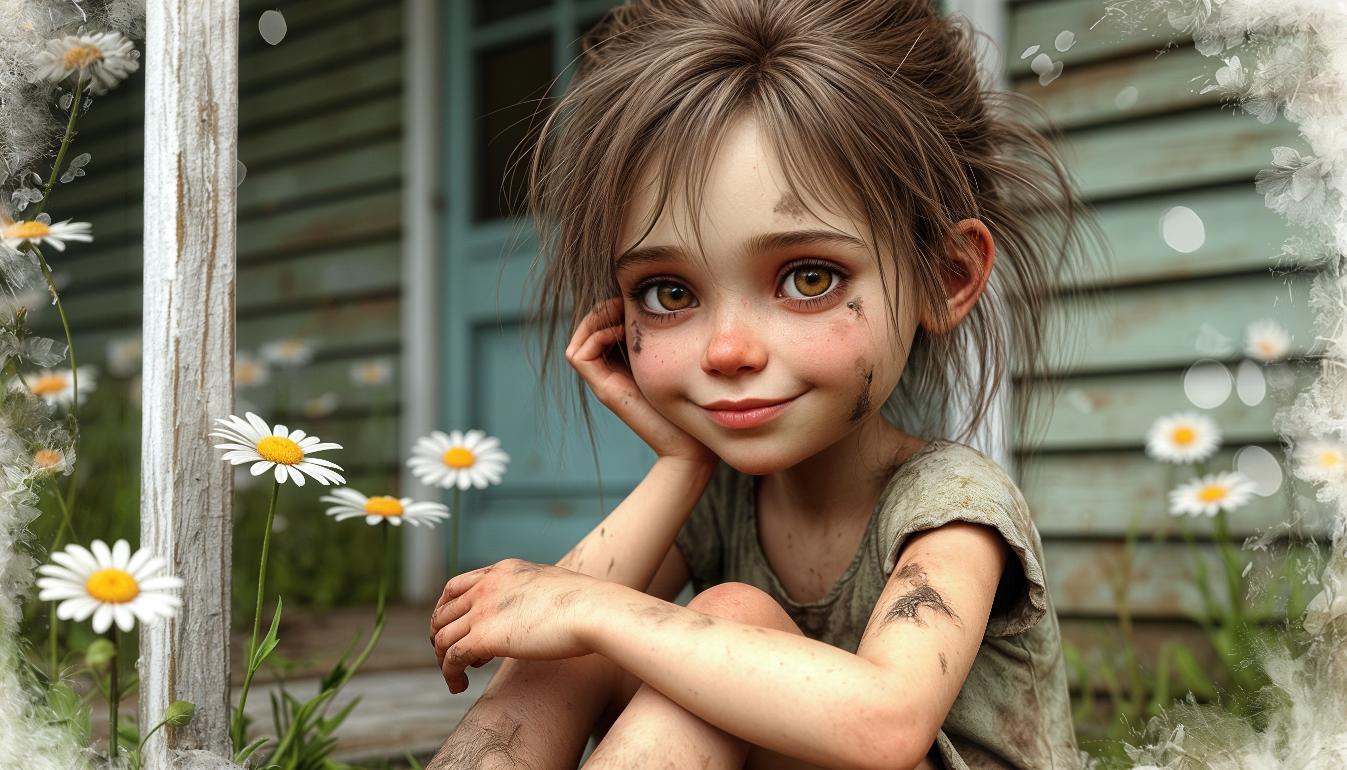 Грязная девочка улыбается на крыльце среди ромашек.
