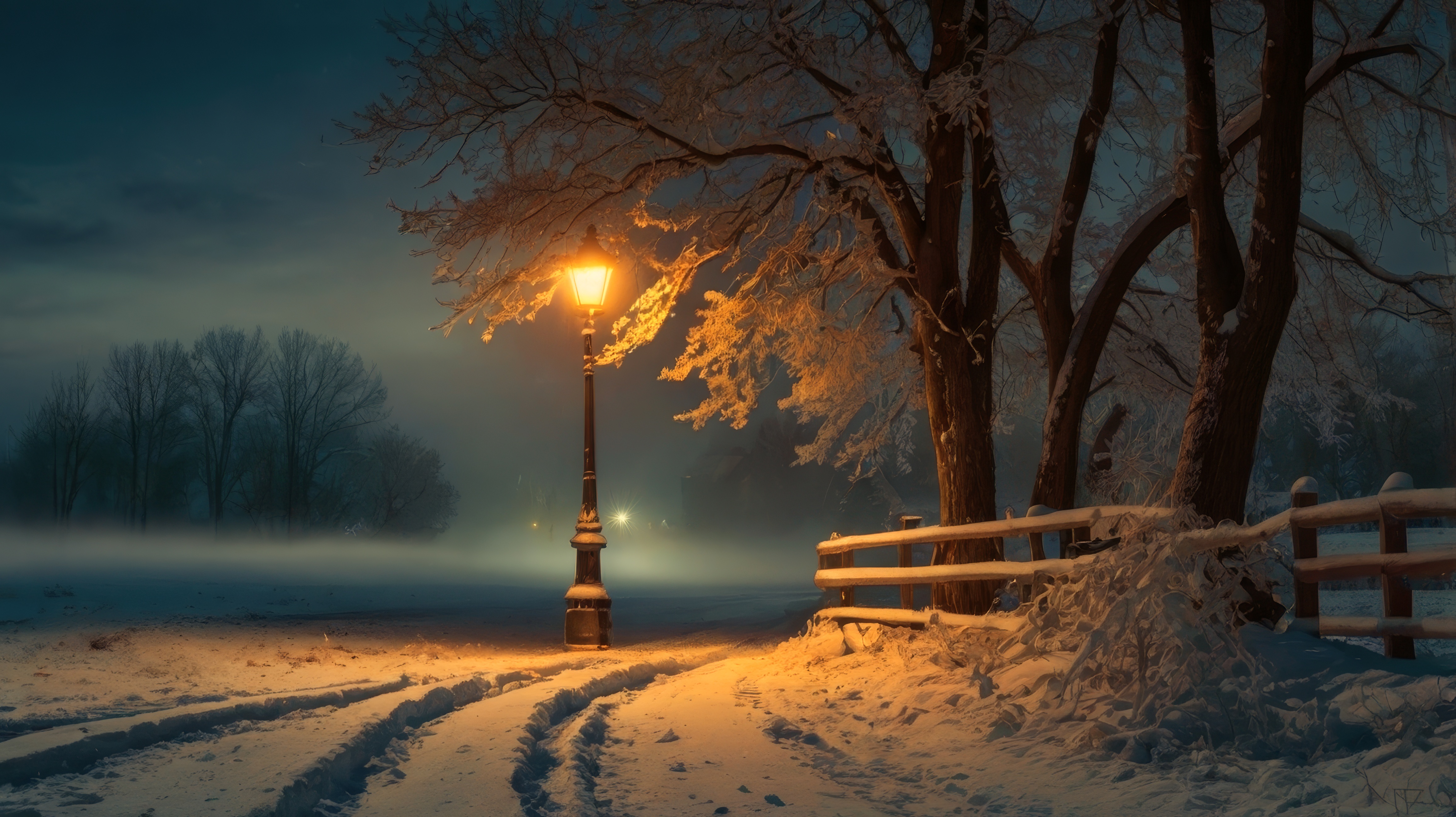 Бесплатное фото Фонарный столб рядом с заснеженным деревом