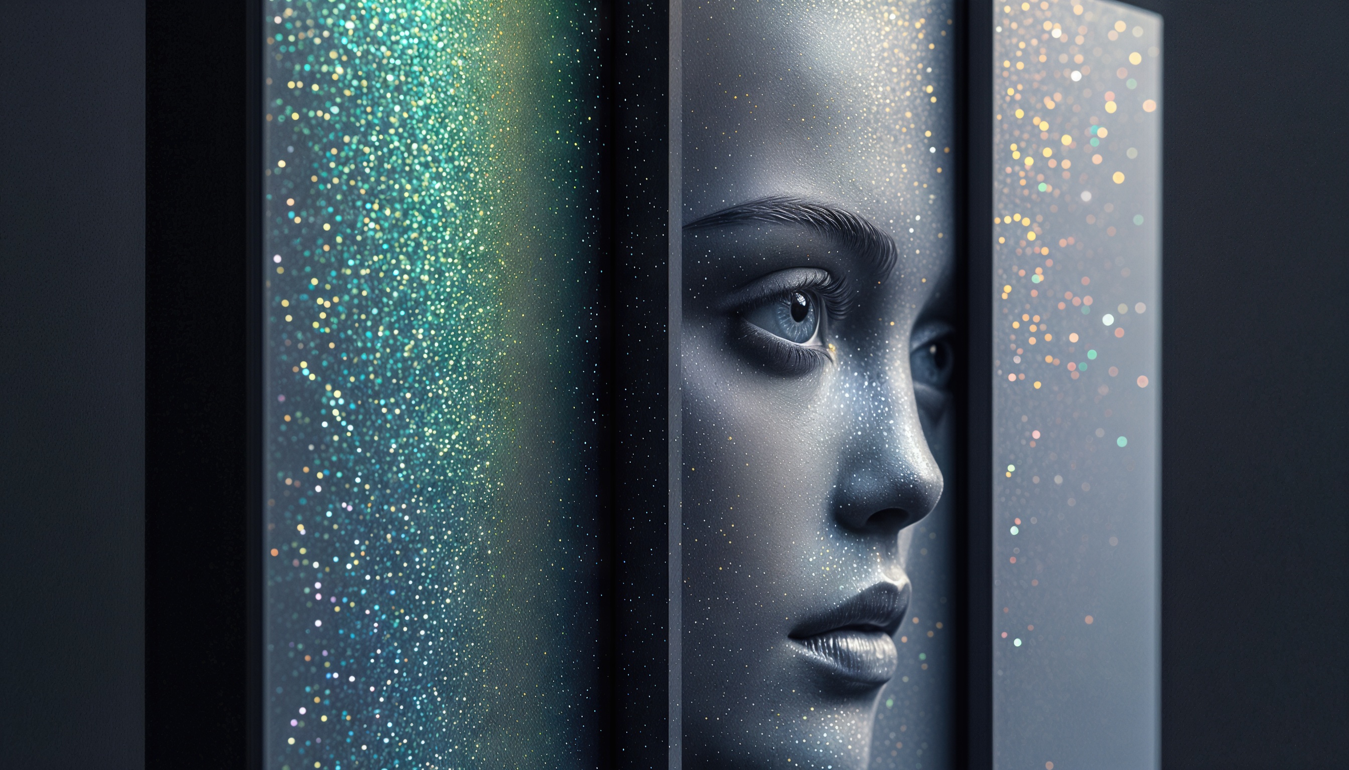 Портрет женщины в стиле цифрового искусства с лицом, частично скрытым за стеклянными панелями с светящимися точками.