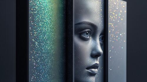 Бесплатное фото Портрет женщины в стиле цифрового искусства с лицом, частично скрытым за стеклянными панелями с светящимися точками.