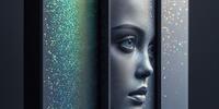 Портрет женщины в стиле цифрового искусства с лицом, частично скрытым за стеклянными панелями с светящимися точками.
