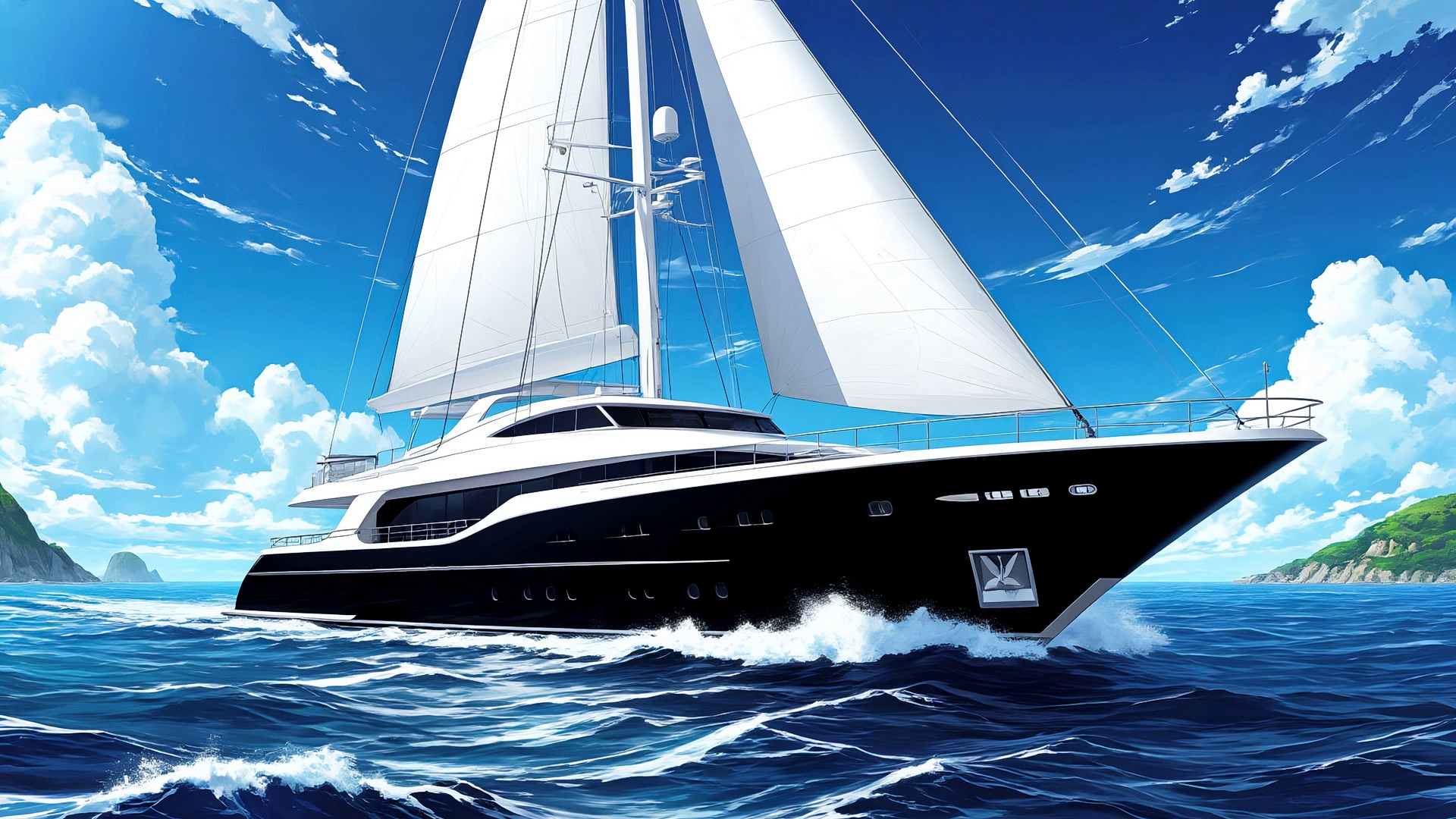 Бесплатное фото Большая черная яхта идет по морю под парусами