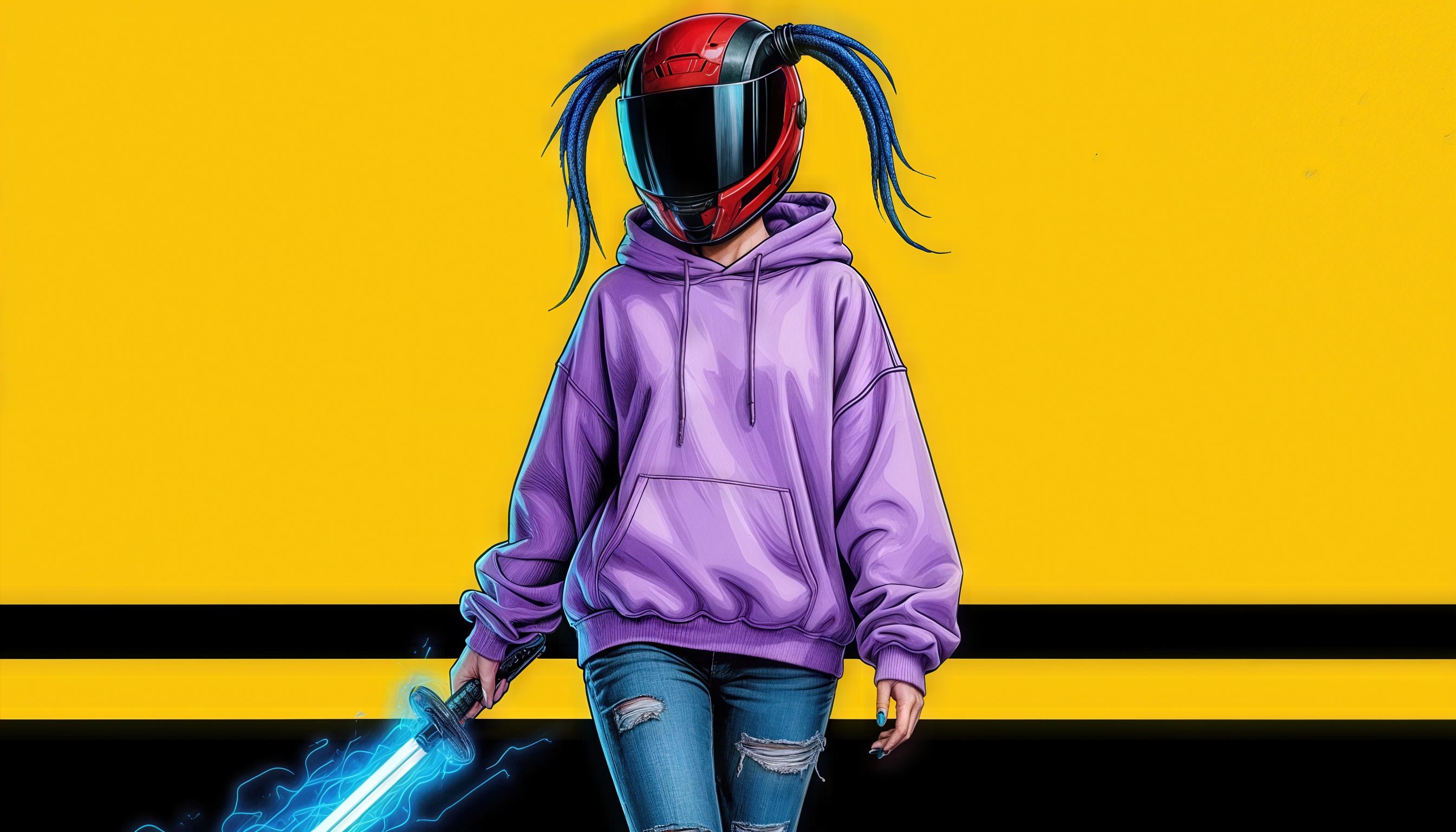 Бесплатное фото Девушка-аниме с ярким внешним видом и энергетическим оружием изображена на фоне контрастных жёлтых и чёрных оттенков.