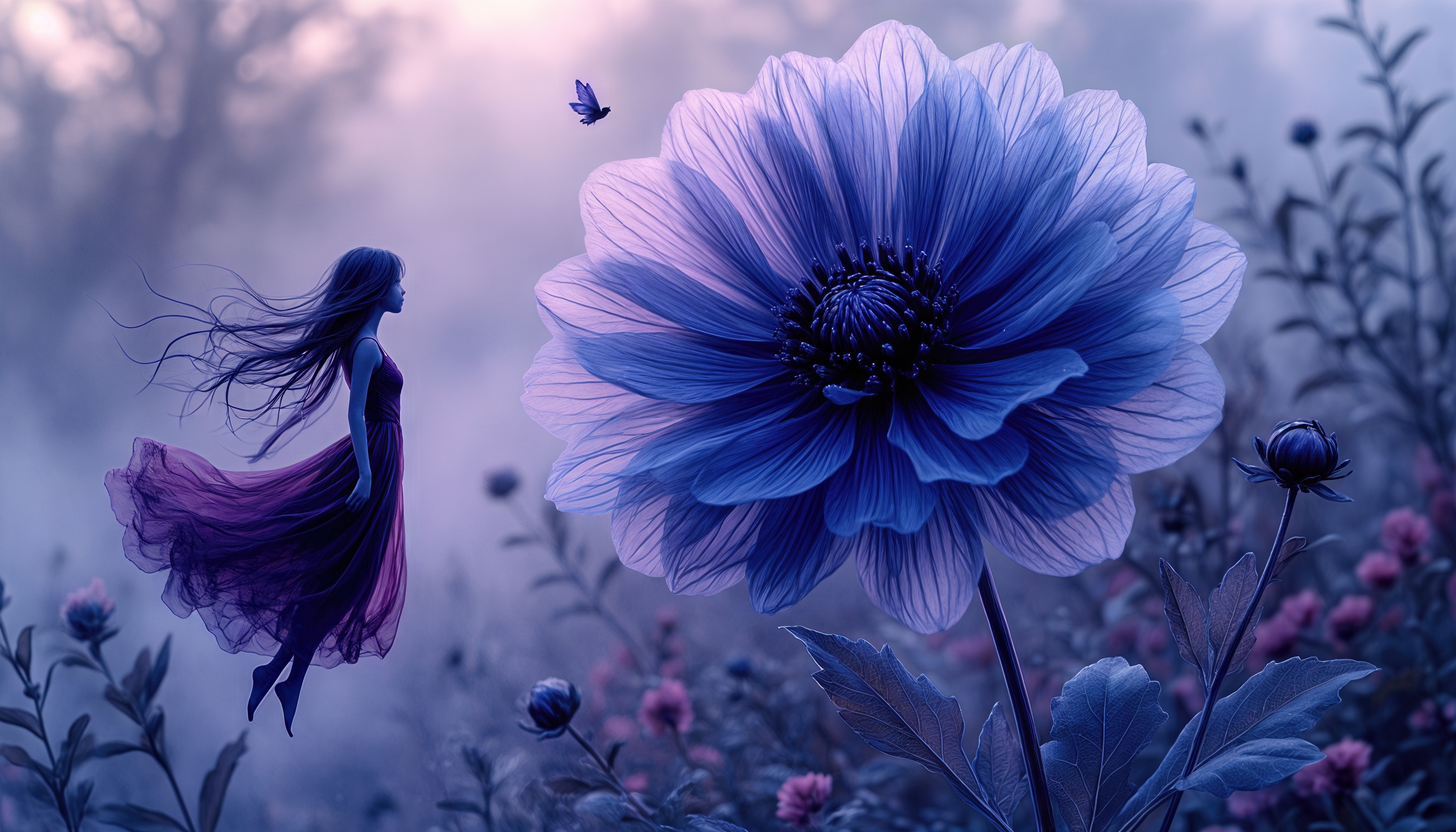Free photo Fairy among flowers: a girl, a blue bud and a butterfly in a misty light.