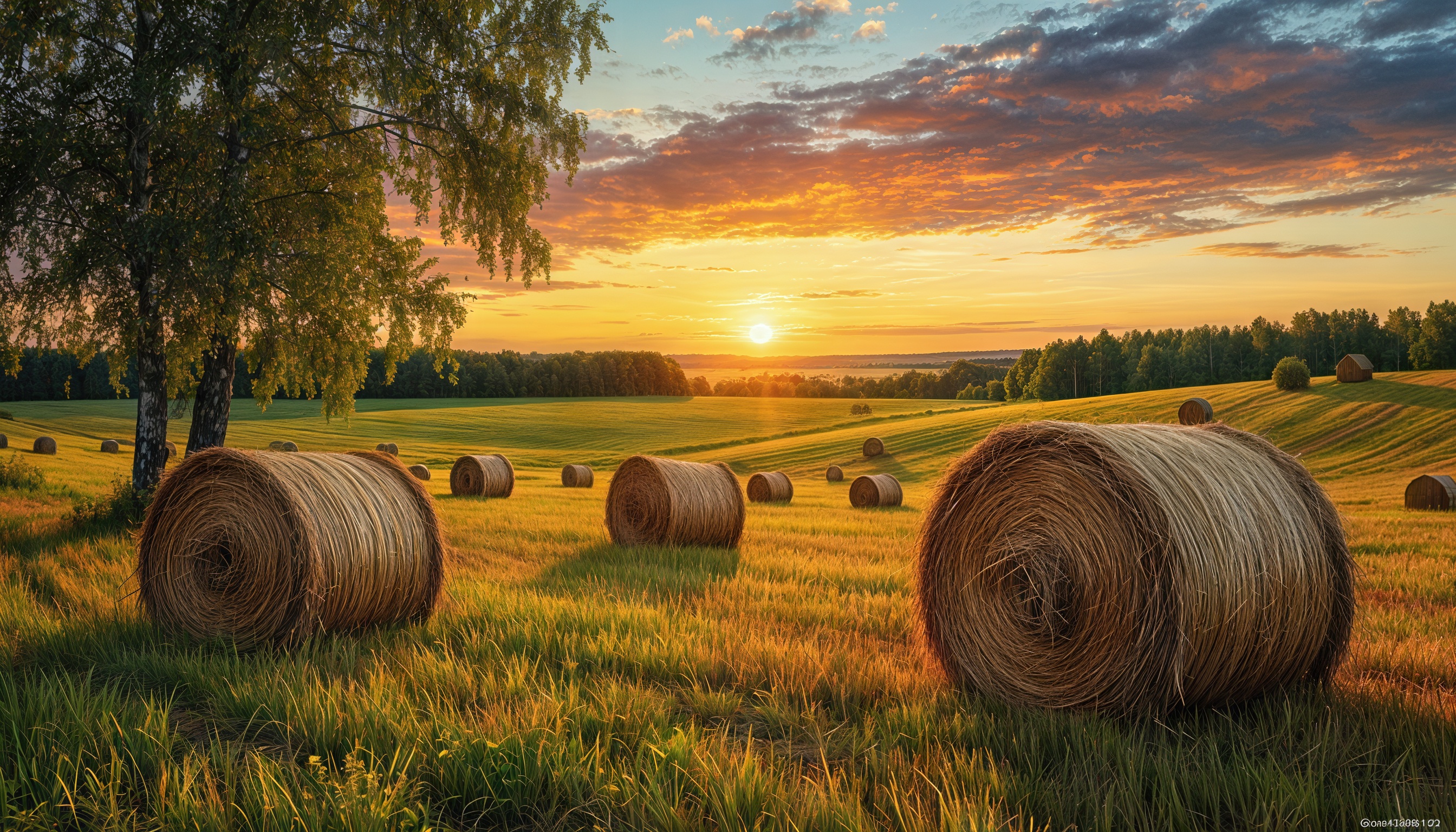 Бесплатное фото Сельский пейзаж с закатным небом, полями сена и лесом на горизонте.