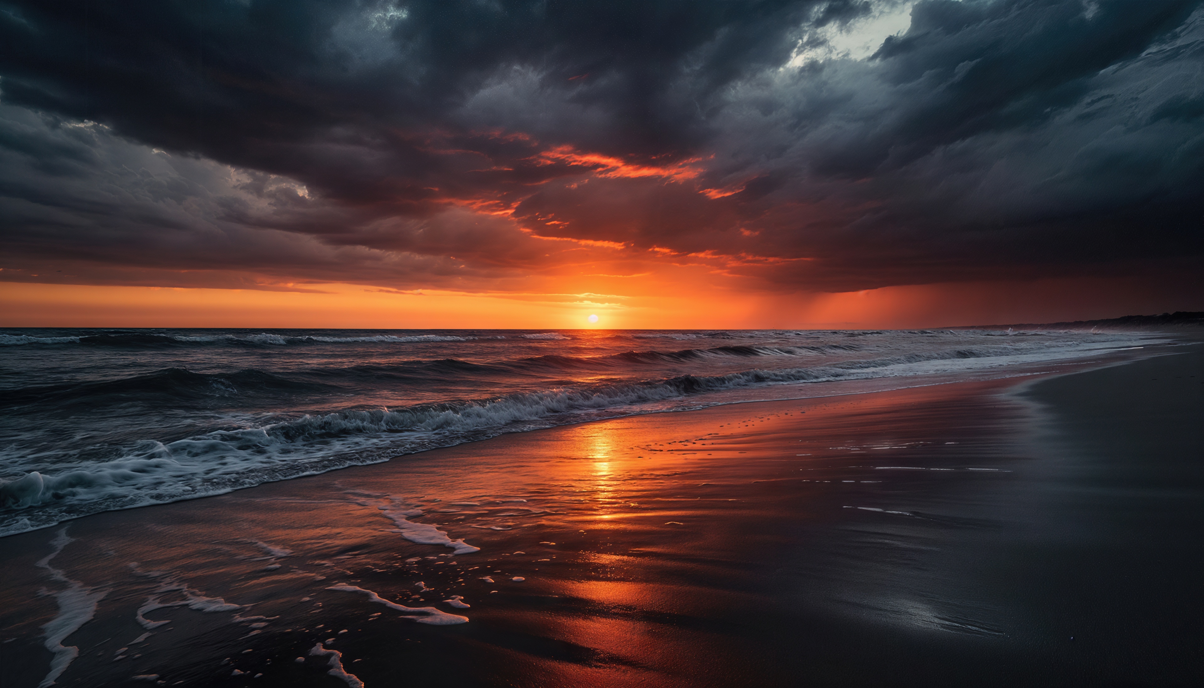 免费照片海上戏剧性的日落，海浪在沙滩上滚动。