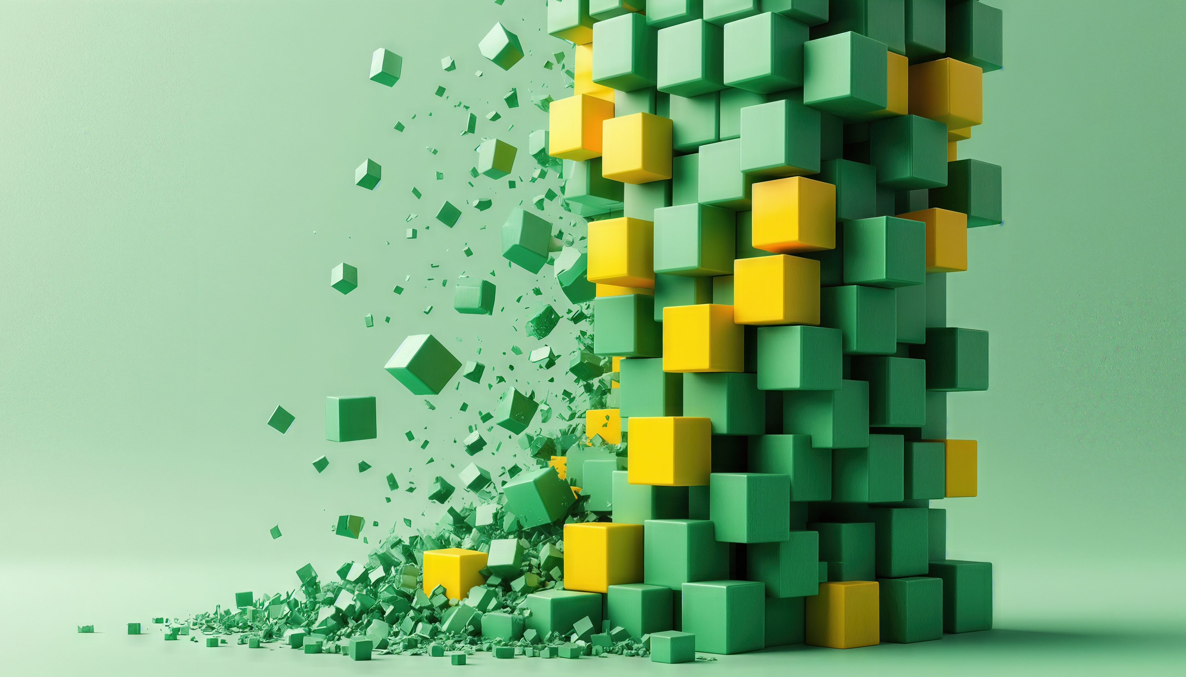 Free photo An abstract wall of green and yellow cubes, disintegrating into small pixels and fragments. Stylish 3D art.