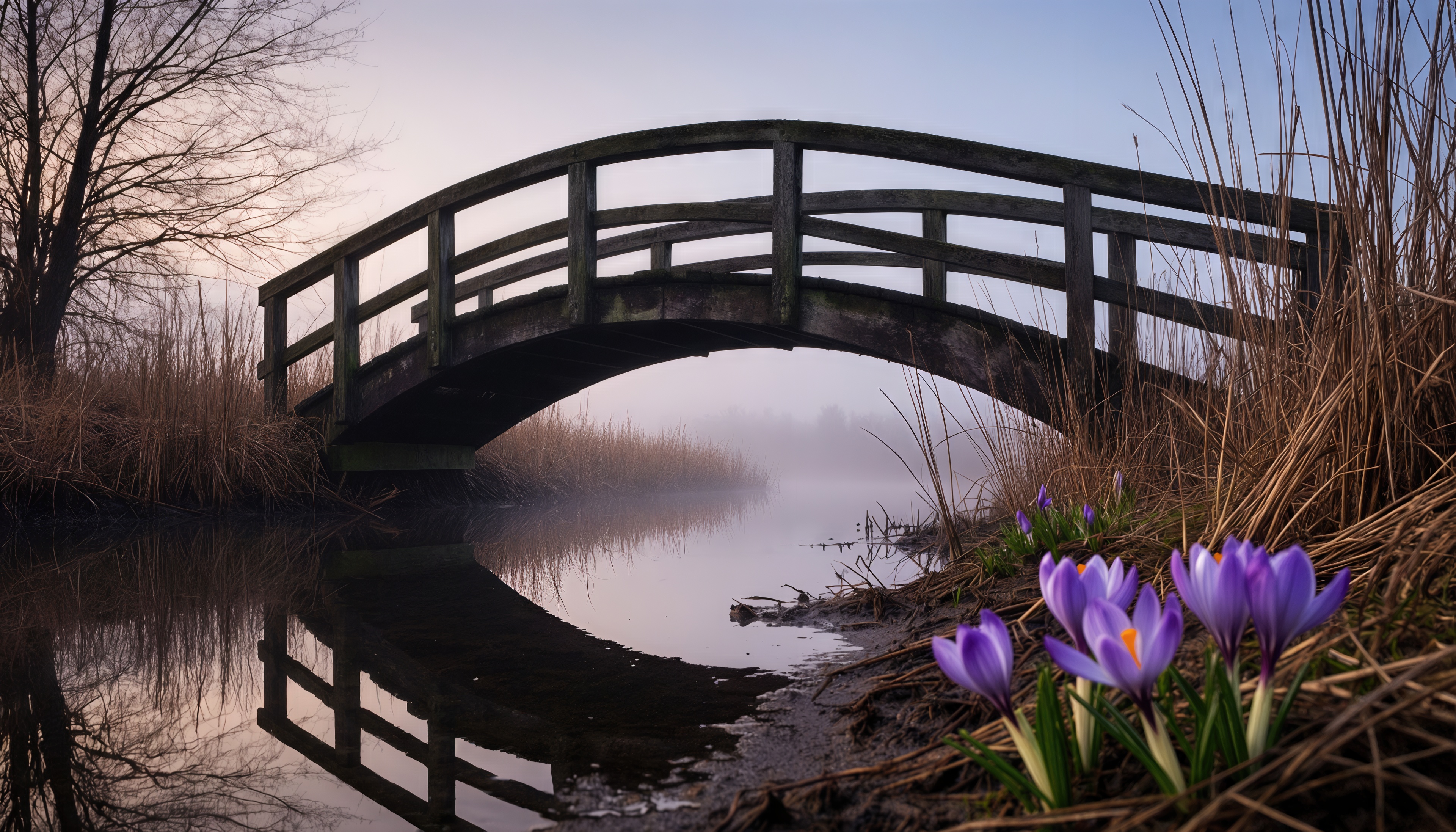 Бесплатное фото Деревянный мостик через тихий пруд, окружённый тростником и цветущими крокусами.