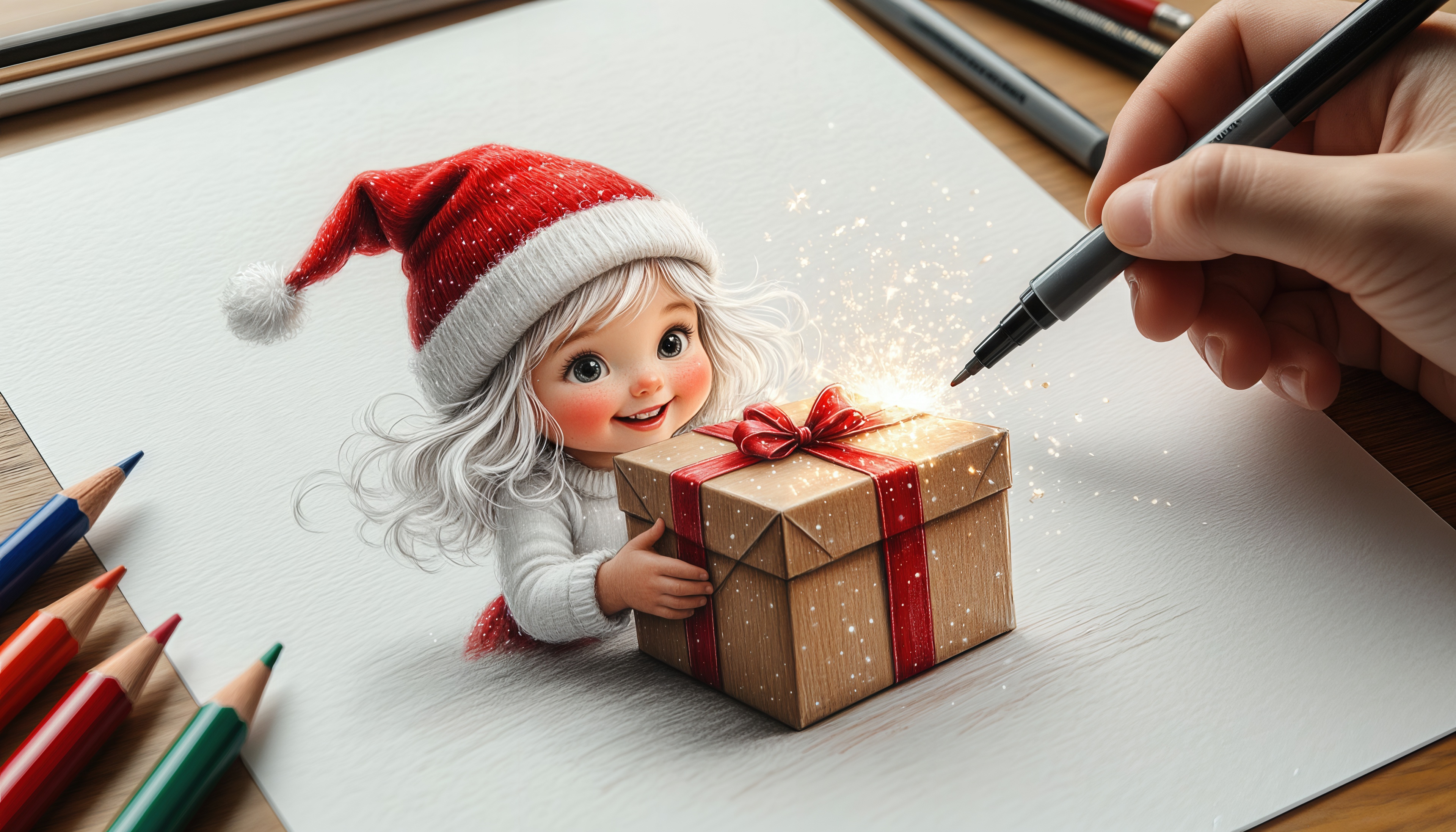 Бесплатное фото Девочка в шапке Санты держит праздничный подарок, словно сошедший с рисунка.
