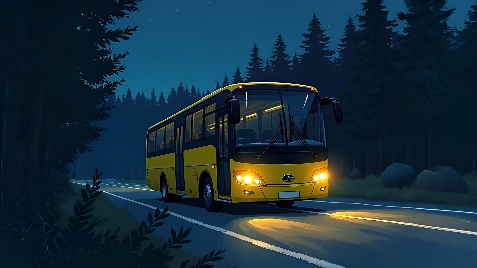 Бесплатное фото Желтый туристический автобус стоит в лесу ночью