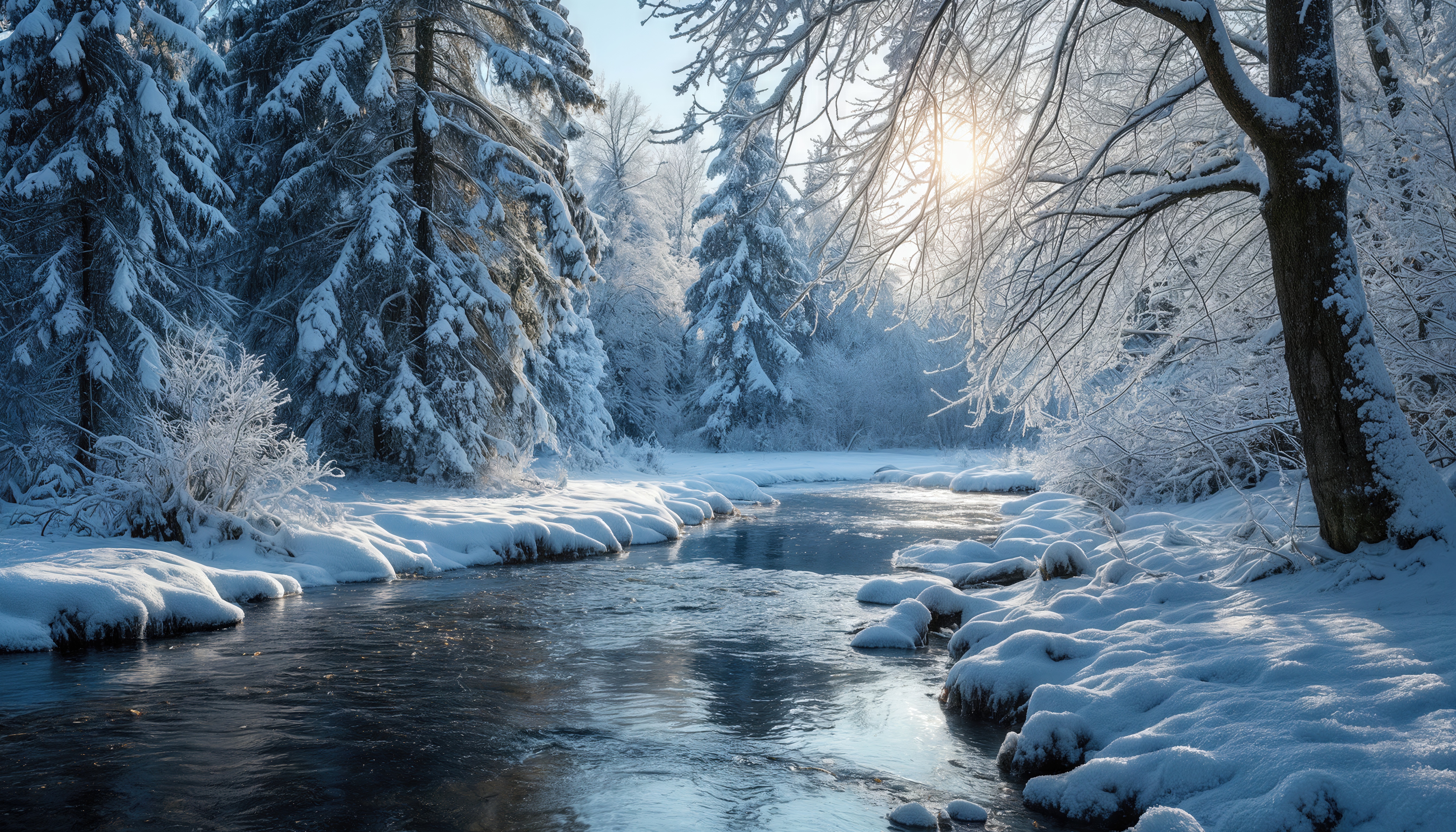 Бесплатное фото Зимний пейзаж: река, окружённая заснеженными деревьями, освещённая мягким светом.