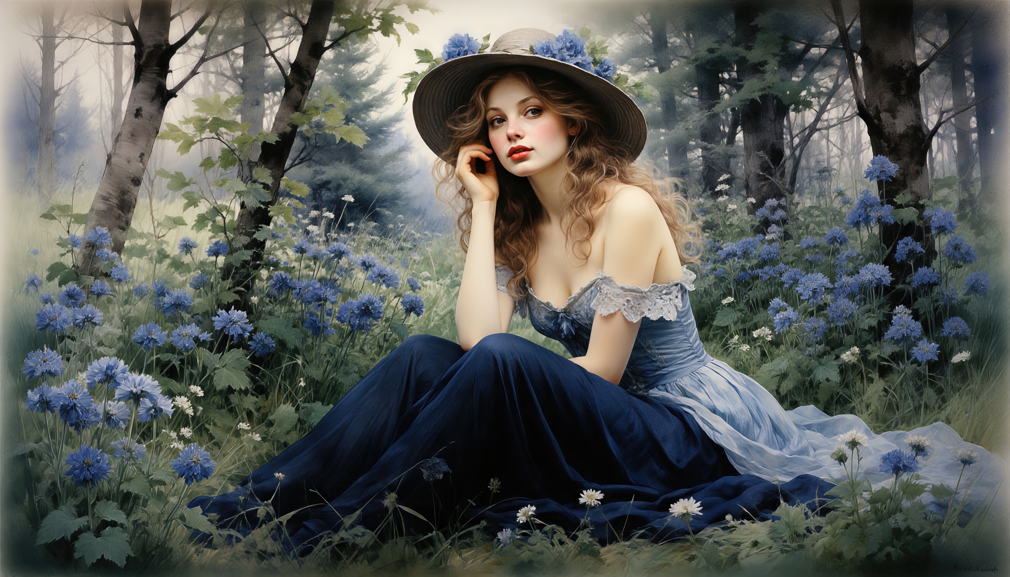 Бесплатное фото Девушка в голубом платье задумчиво сидит среди цветущих васильков в лесу.