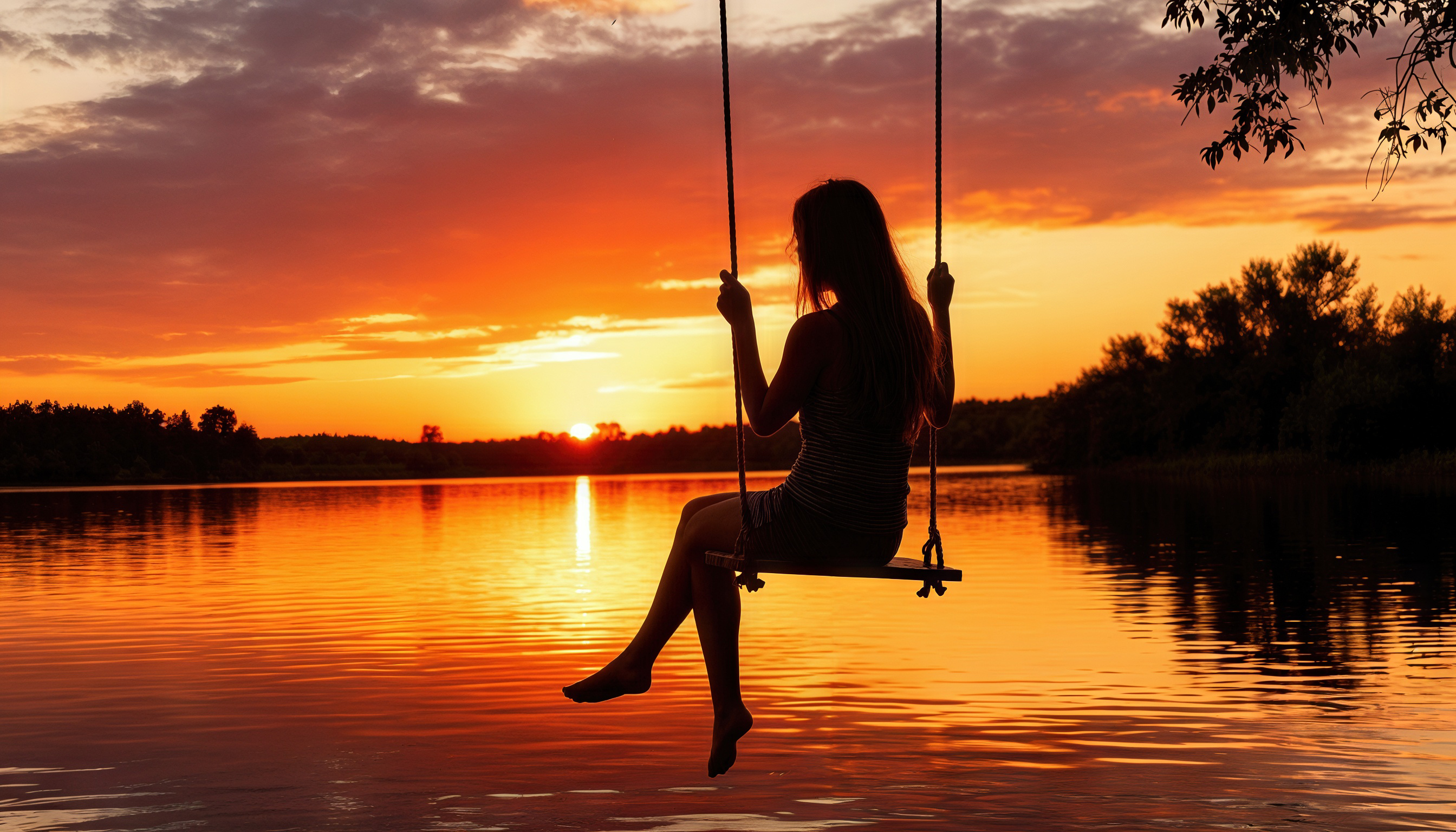 Бесплатное фото Девушка сидит на качелях над озером на фоне закатного неба, окутанная тёплыми оттенками вечера.