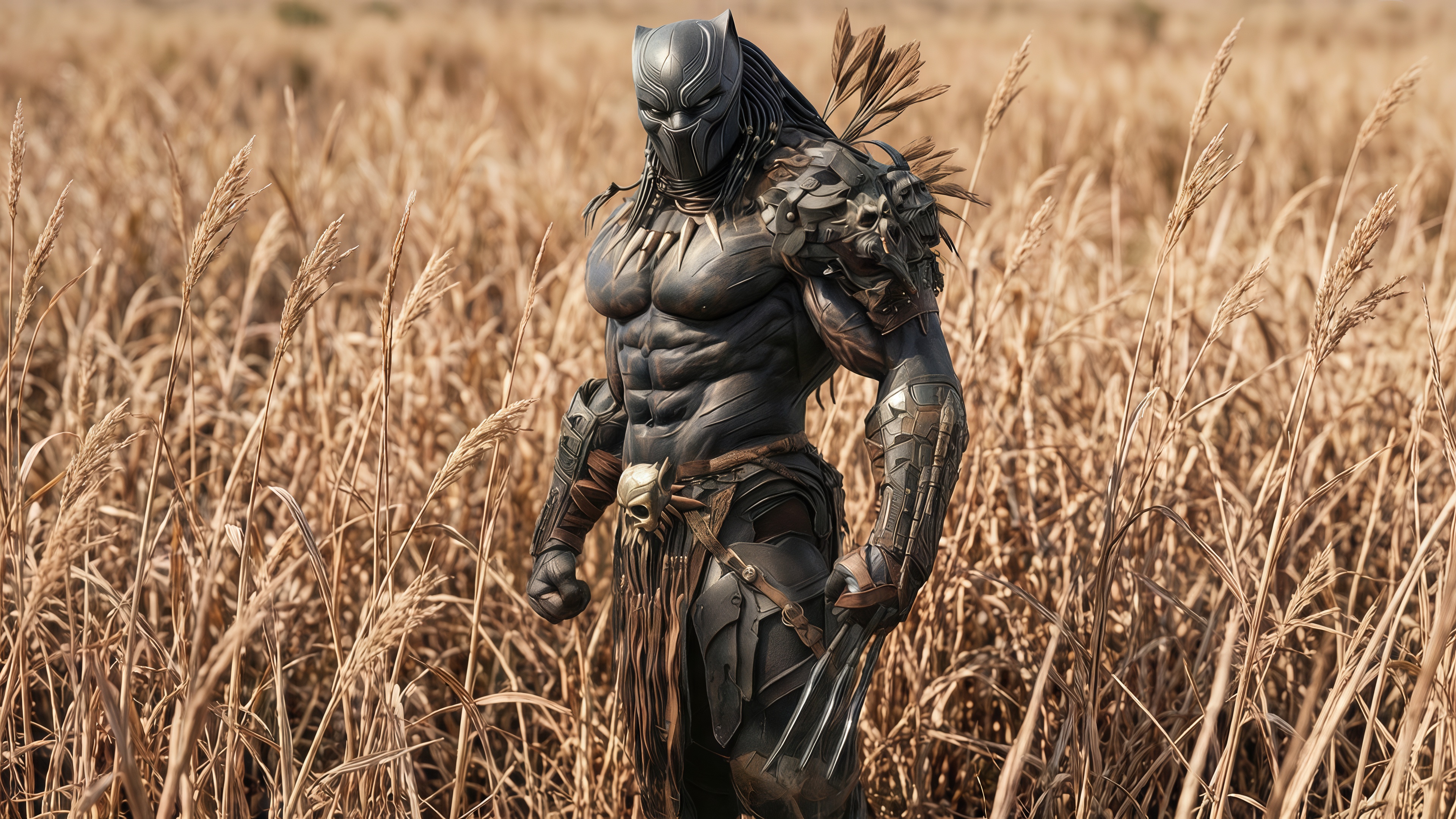 Brutal fantasy art with a hybrid of a Black Panther and a Predator frozen in the middle of a golden wheat field.