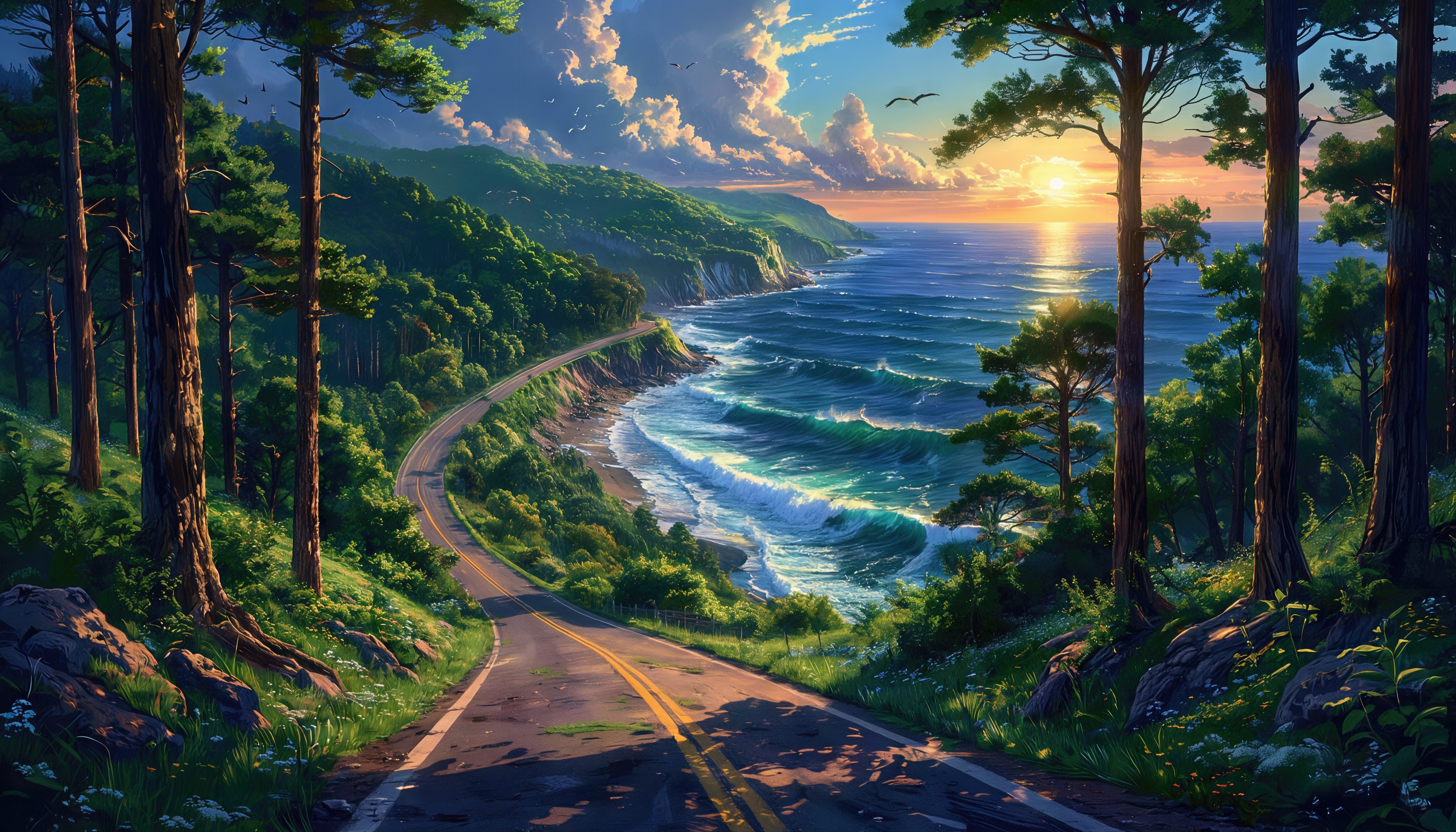 Дорога вдоль побережья, обрамлённая соснами, на фоне заката.