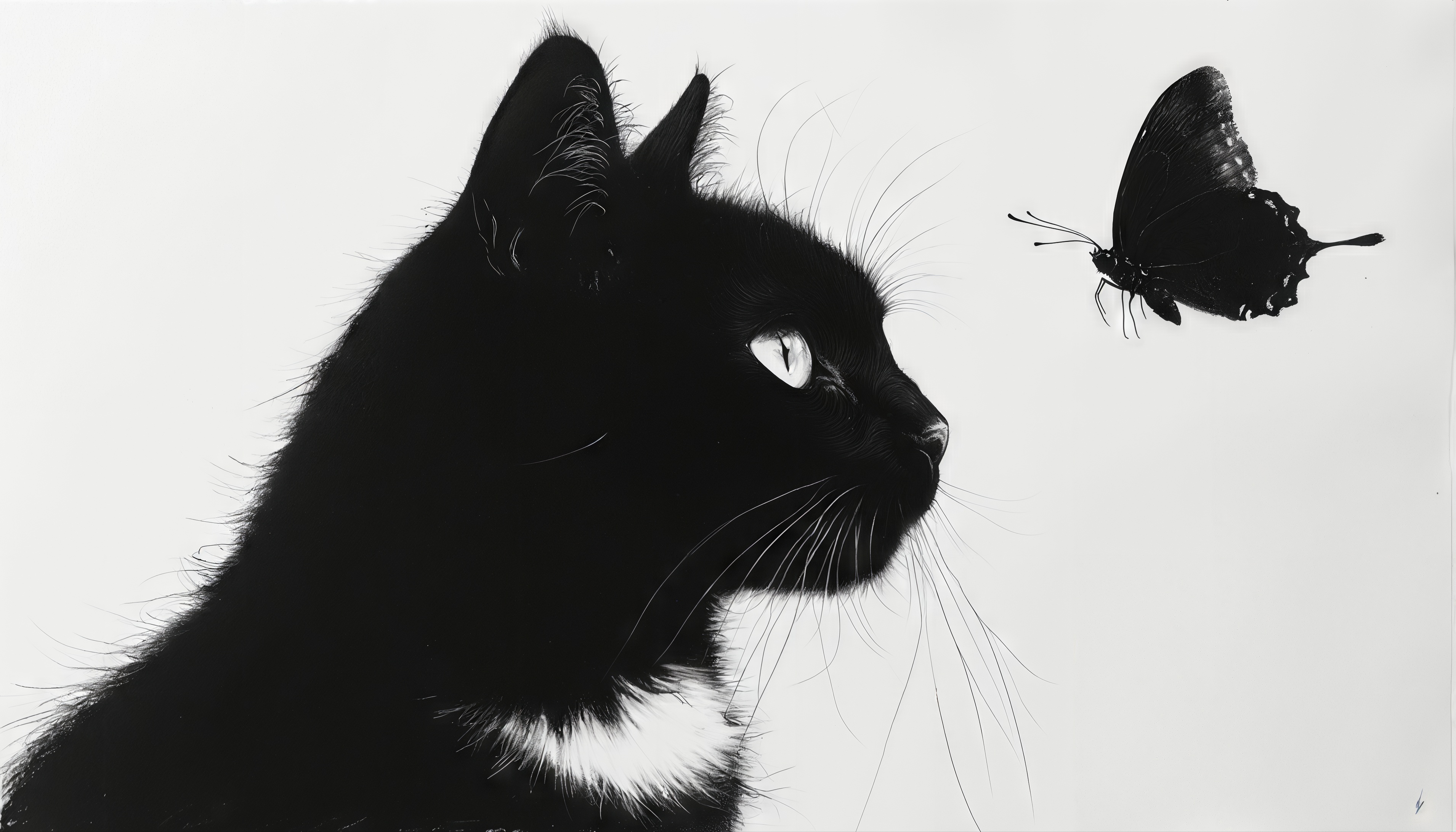 Бесплатное фото Бабочка парит перед мордой чёрного кота.