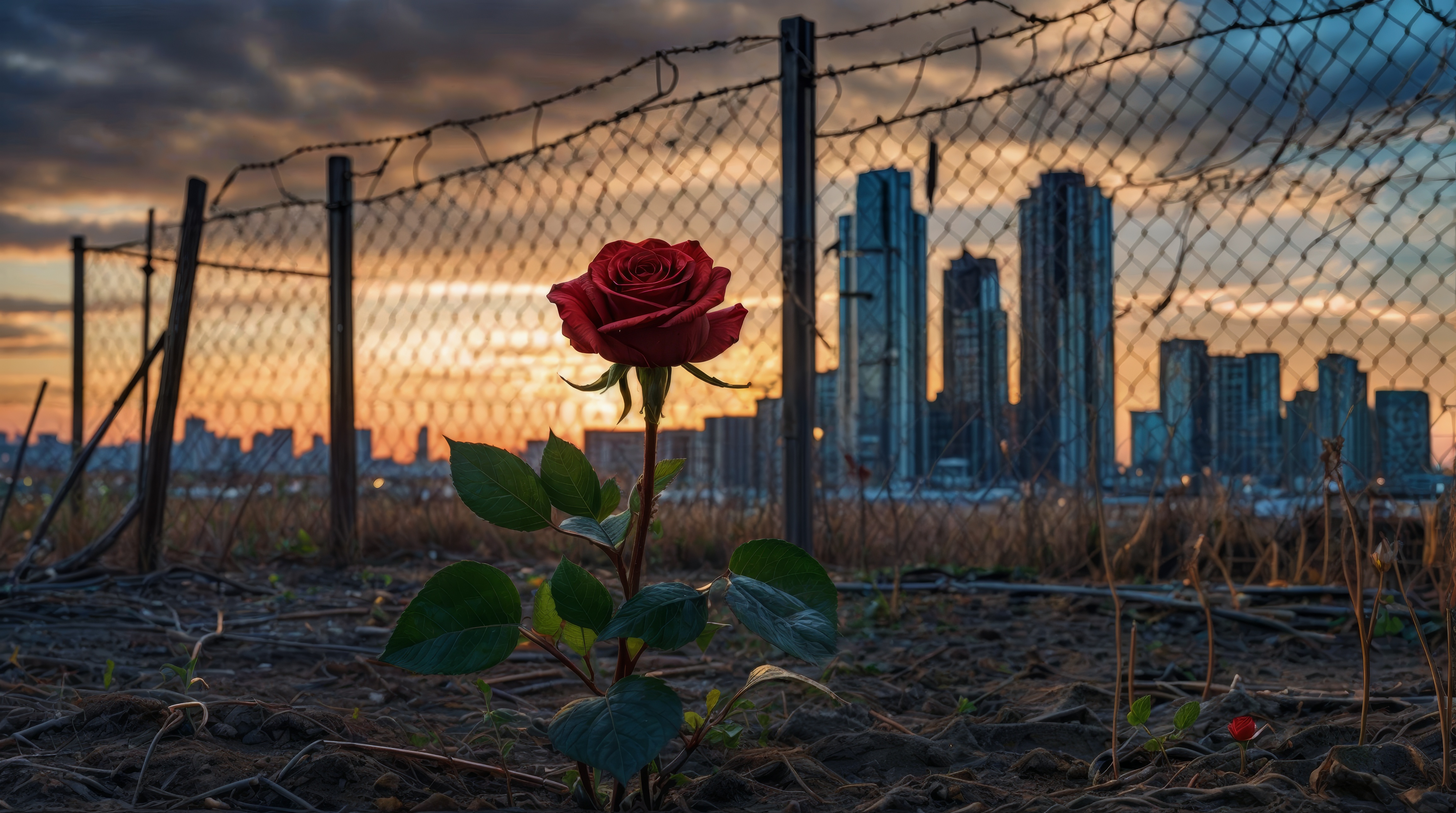 Цветок сидит на земле за забором.