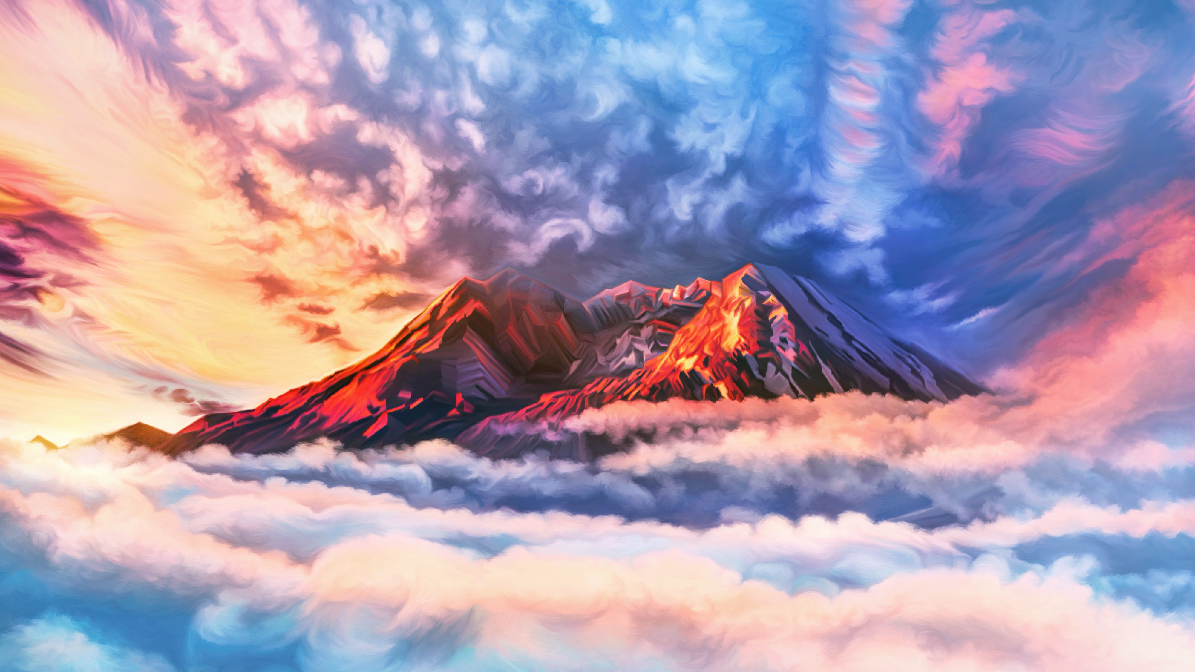 Drawing of a mountain hill in the clouds
