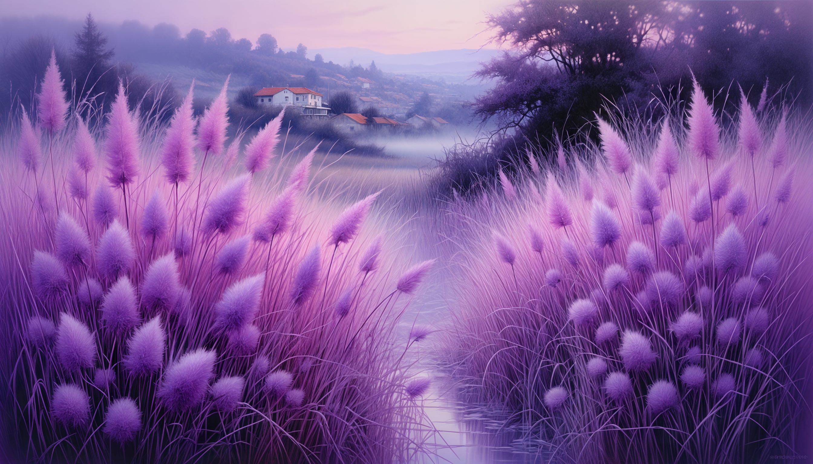 Туманный сиреневый пейзаж: пушистая трава уводит взгляд к домам.