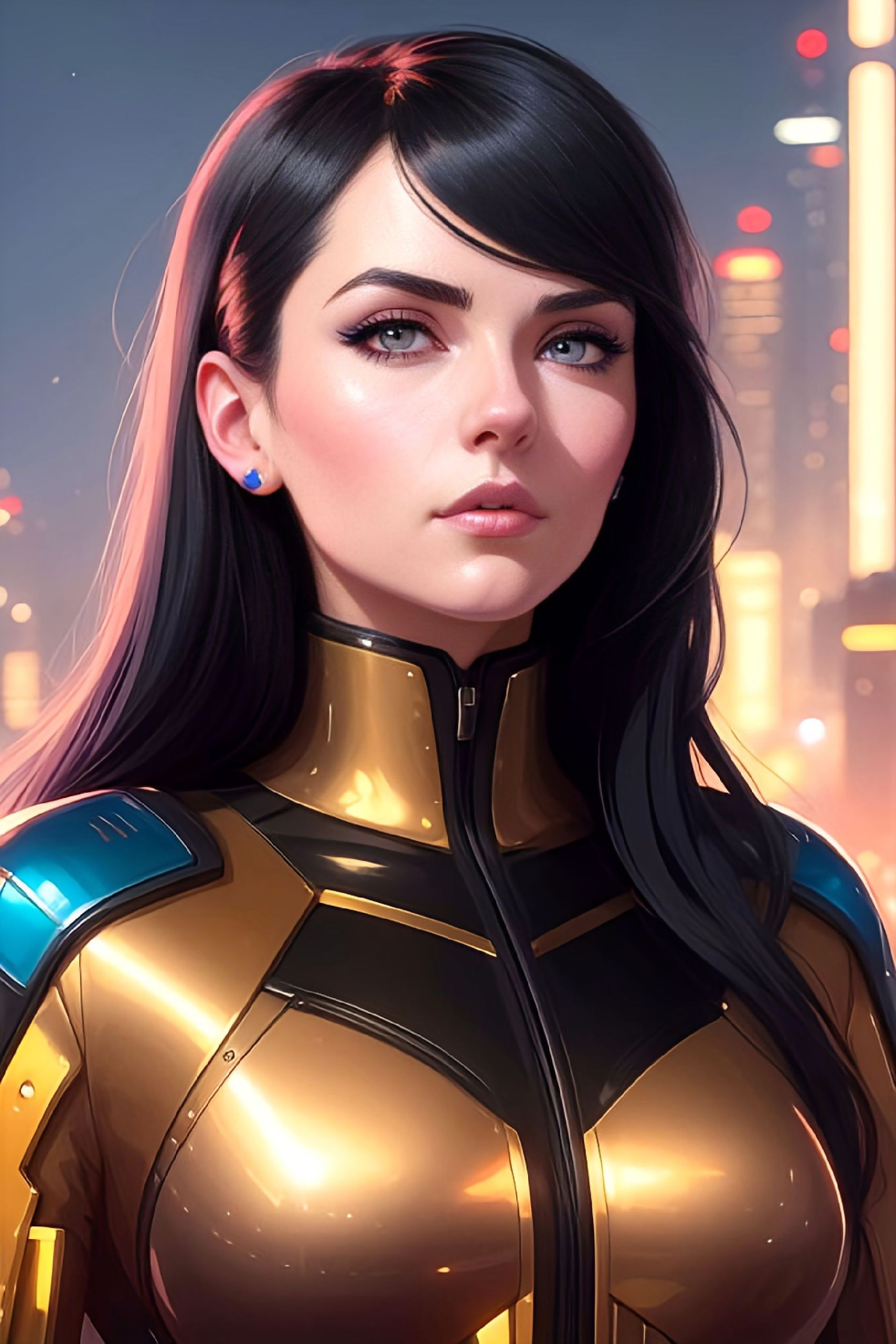 A girl with dark hair in a gold colored spacesuit.