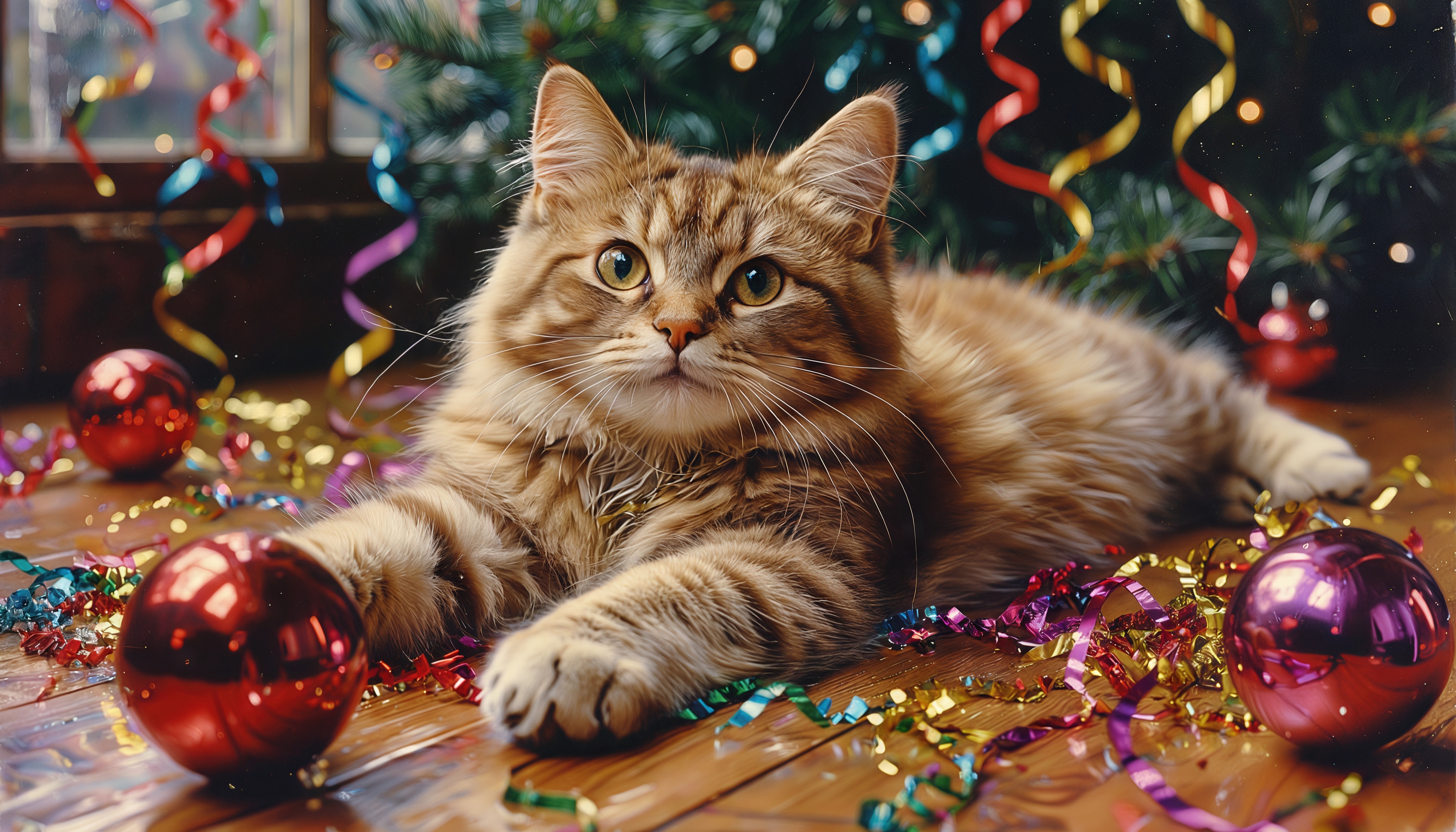 Бесплатное фото Пушистый кот среди новогодних шаров и мишуры у ёлки.