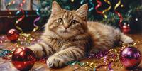 Пушистый кот среди новогодних шаров и мишуры у ёлки.