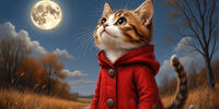 Кот в красной куртке задумчиво смотрит на полную луну.