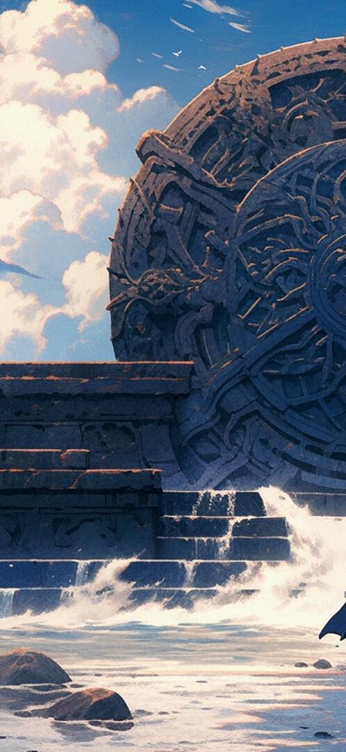 Бесплатное фото Рисунок монумент на море и девушка