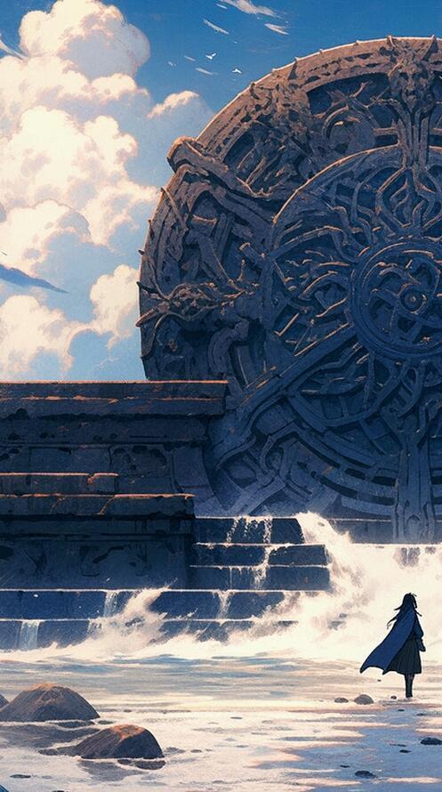 Бесплатное фото Рисунок монумент на море и девушка