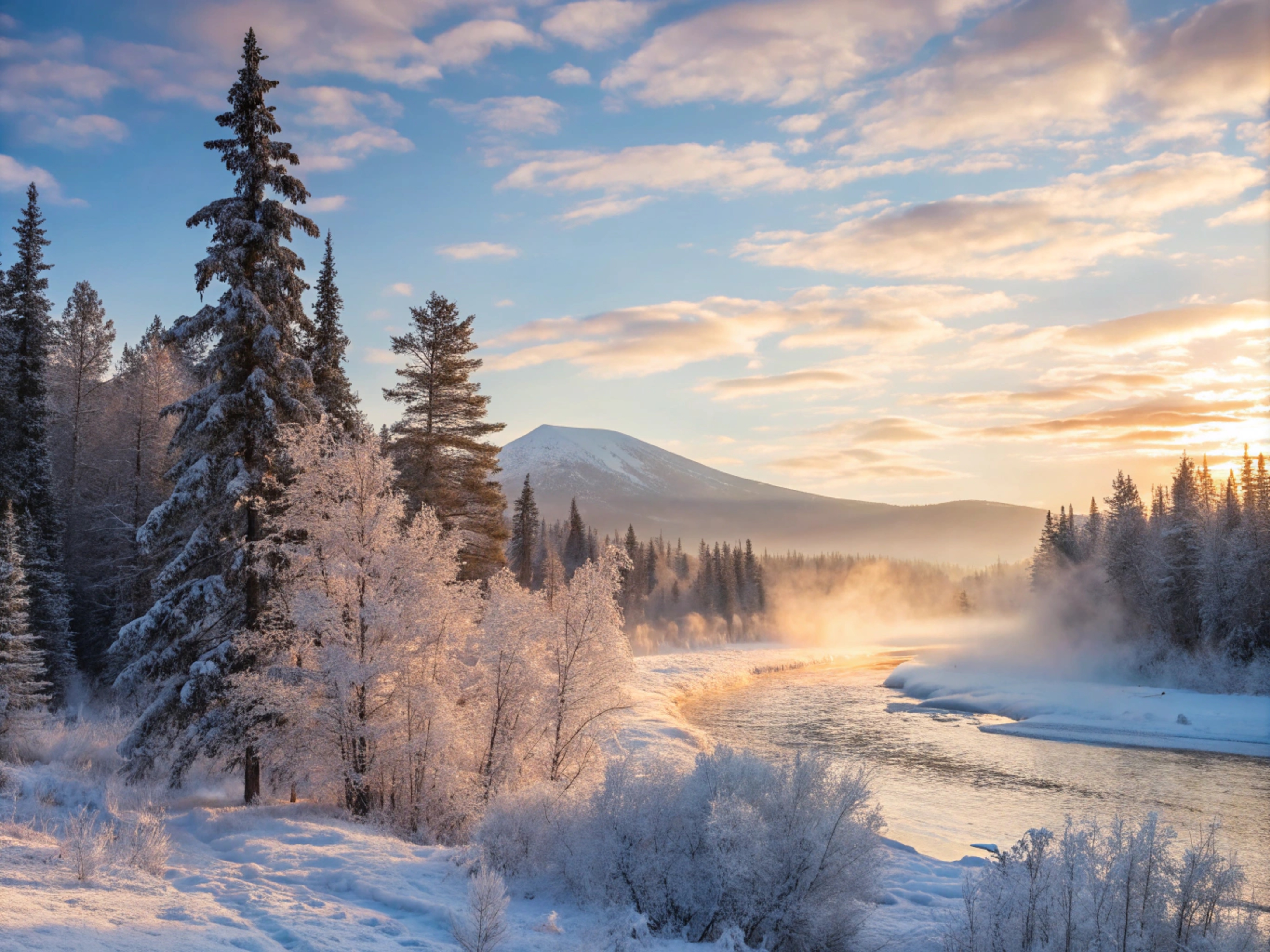 Бесплатное фото Река в лесу зимой утром