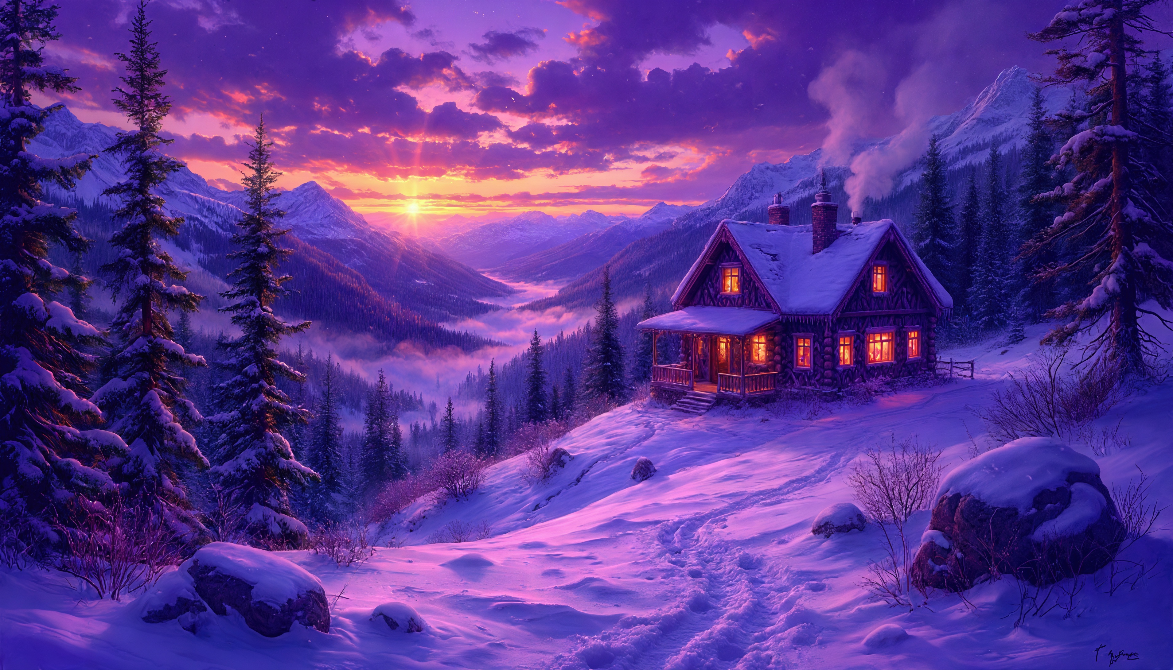 Бесплатное фото Тёплый свет окон домика контрастирует с холодным зимним пейзажем.