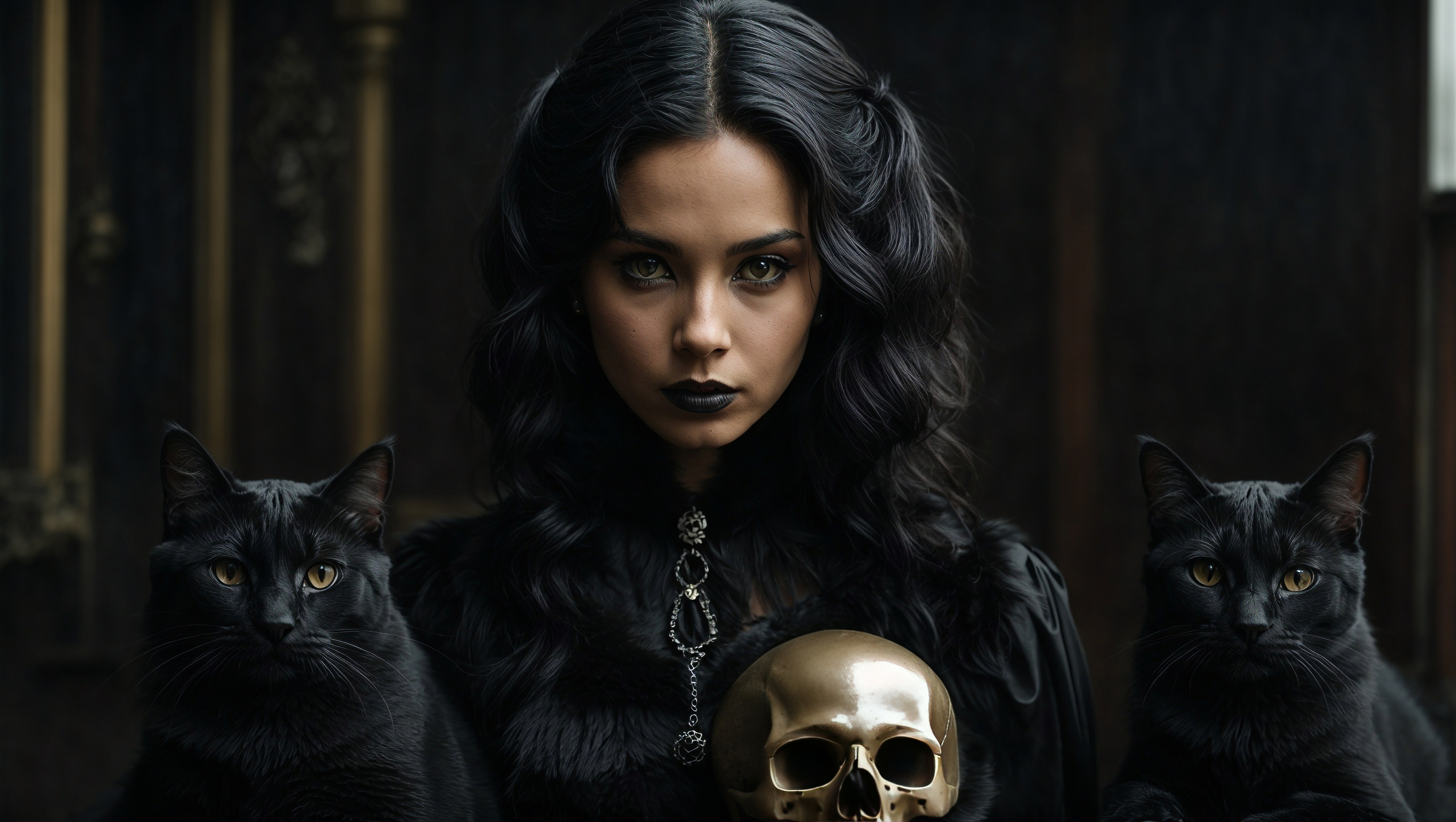 A woman is holding a gold skull, and three black cats