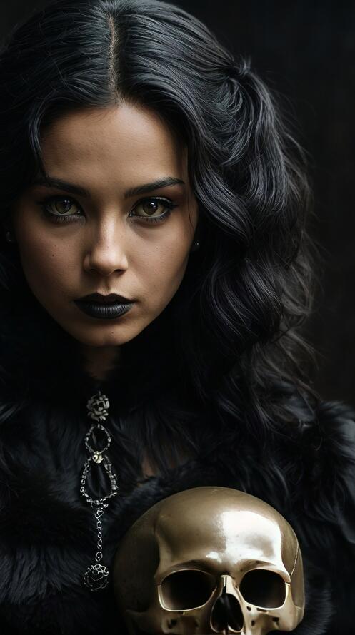 Бесплатное фото Женщина держит золотой череп и трех черных кошек.