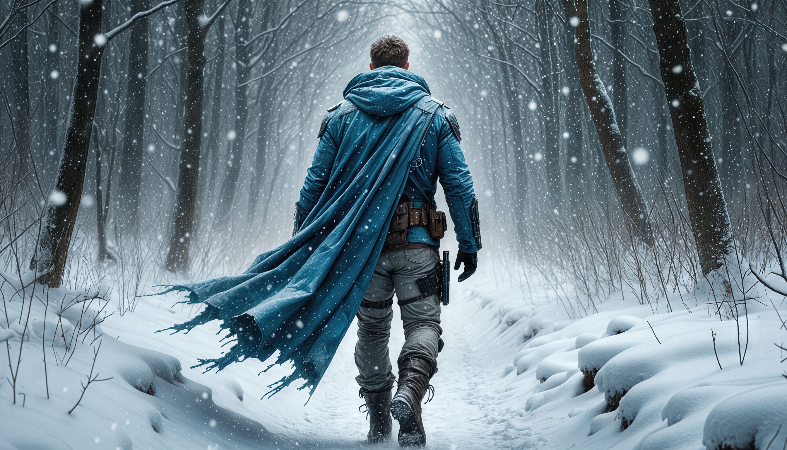 Наёмник с позывным Воробей, в плаще идёт по заснеженной тропинке в зимнем лесу, вокруг кружится снег.