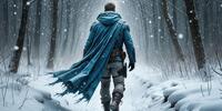 Наёмник с позывным Воробей, в плаще идёт по заснеженной тропинке в зимнем лесу, вокруг кружится снег.