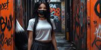 Девушка-кицунэ в маске стоит в узком переулке с граффити.