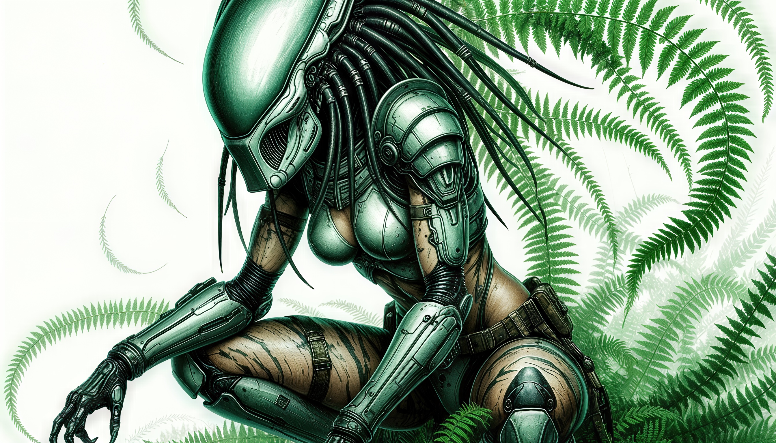 Девушка-хищник в зелёном боевом костюме с характерными чертами сидит среди зарослей папоротника.