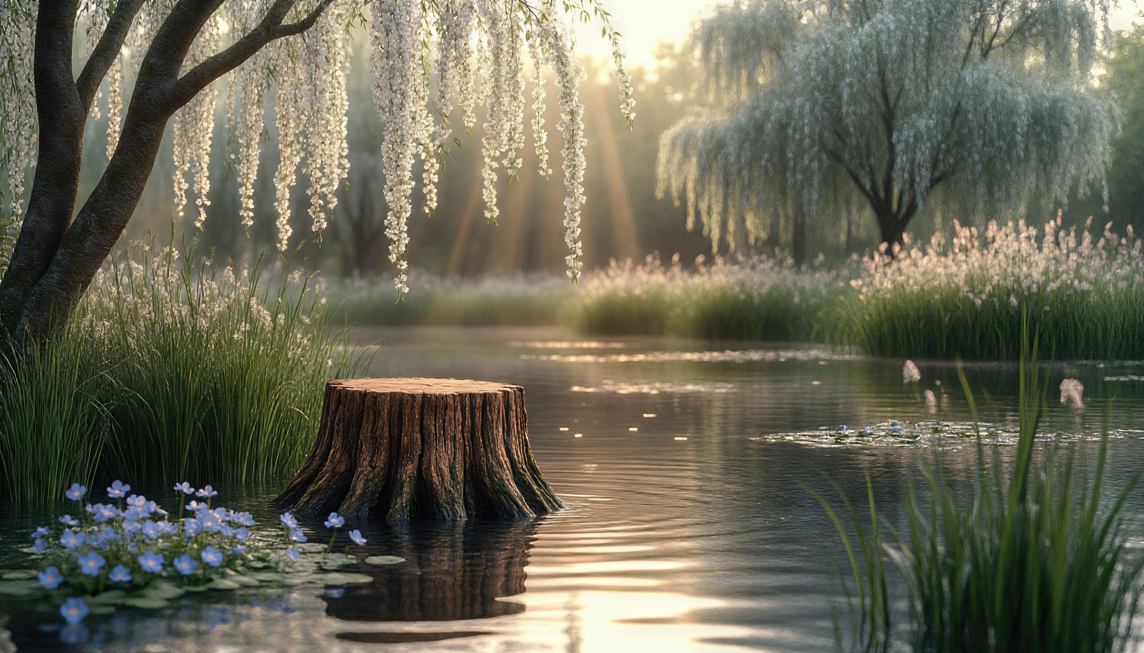 Бесплатное фото Спокойный пруд с пеньком у берега, обрамлённый цветущими ивами и нежной зеленью.